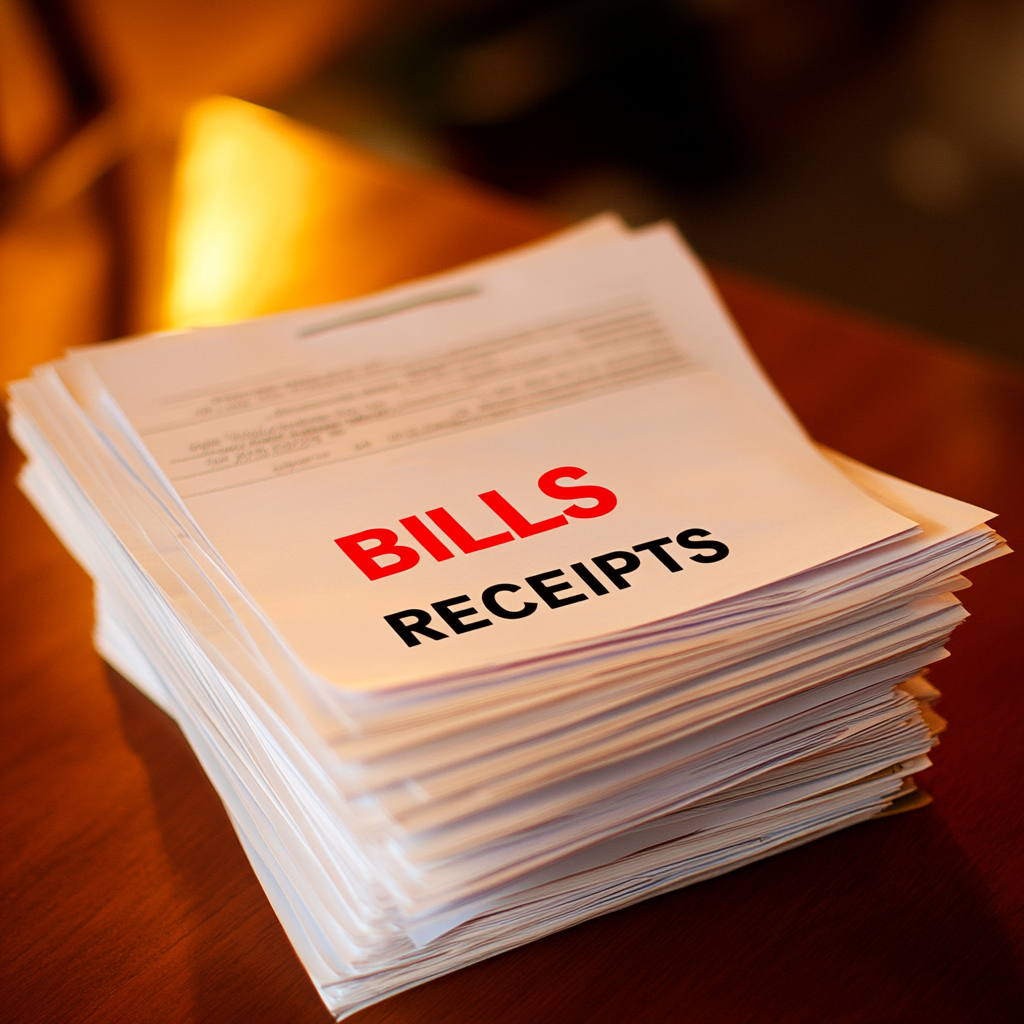 A stack of bills and receipts on a table | Source: Midjourney