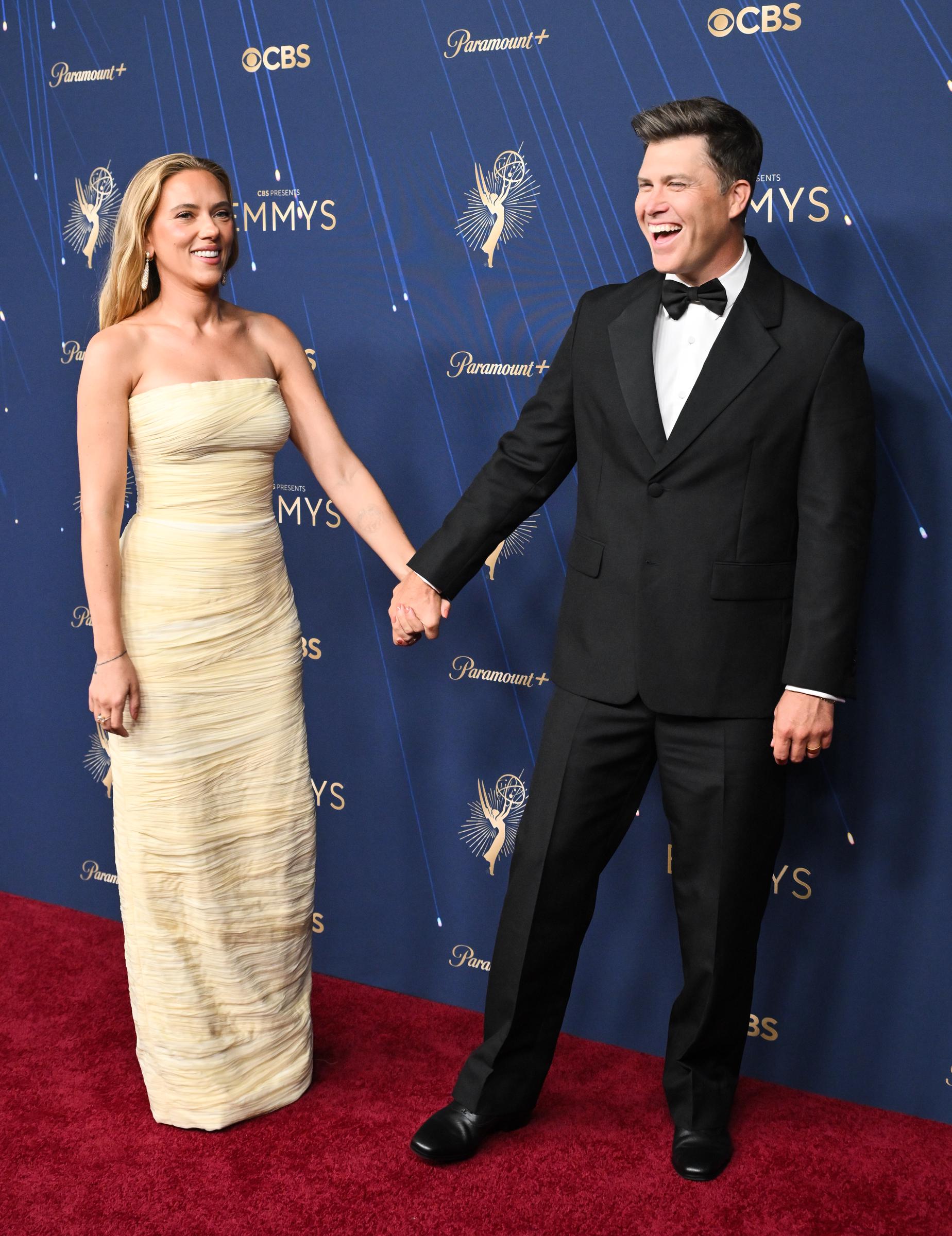 Scarlett Johansson, Colin Jost at the 77th Primetime Emmy Awards held at the Peacock Theater on September 14, 2025 in Los Angeles, California. | Source: Getty Images