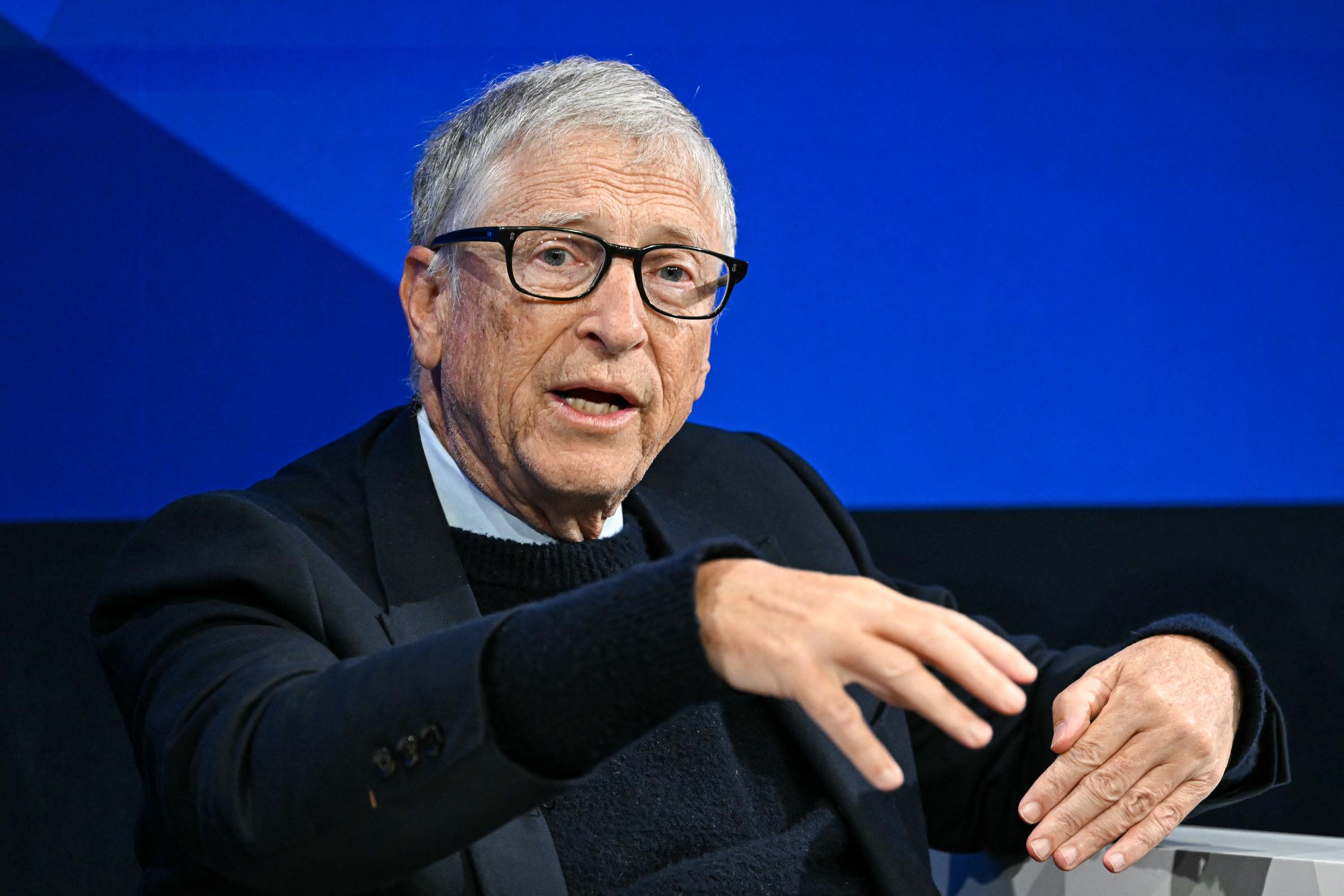 Bill Gates gestures as he speaks during the World Economic Forum (WEF) annual meeting in Davos on January 21, 2026. | Source: Getty Images