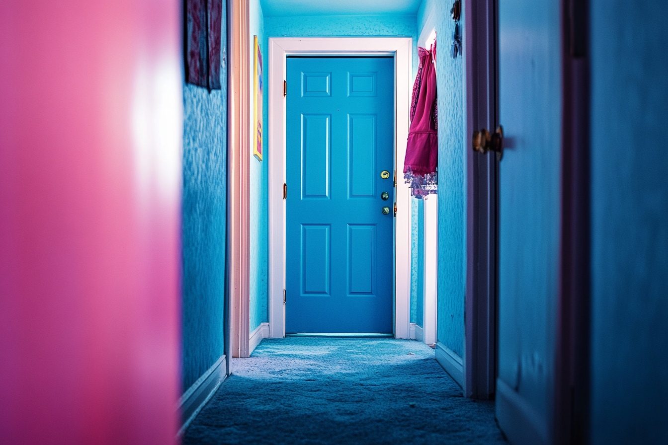 A home hallway leading to a closed door | Source: Midjourney