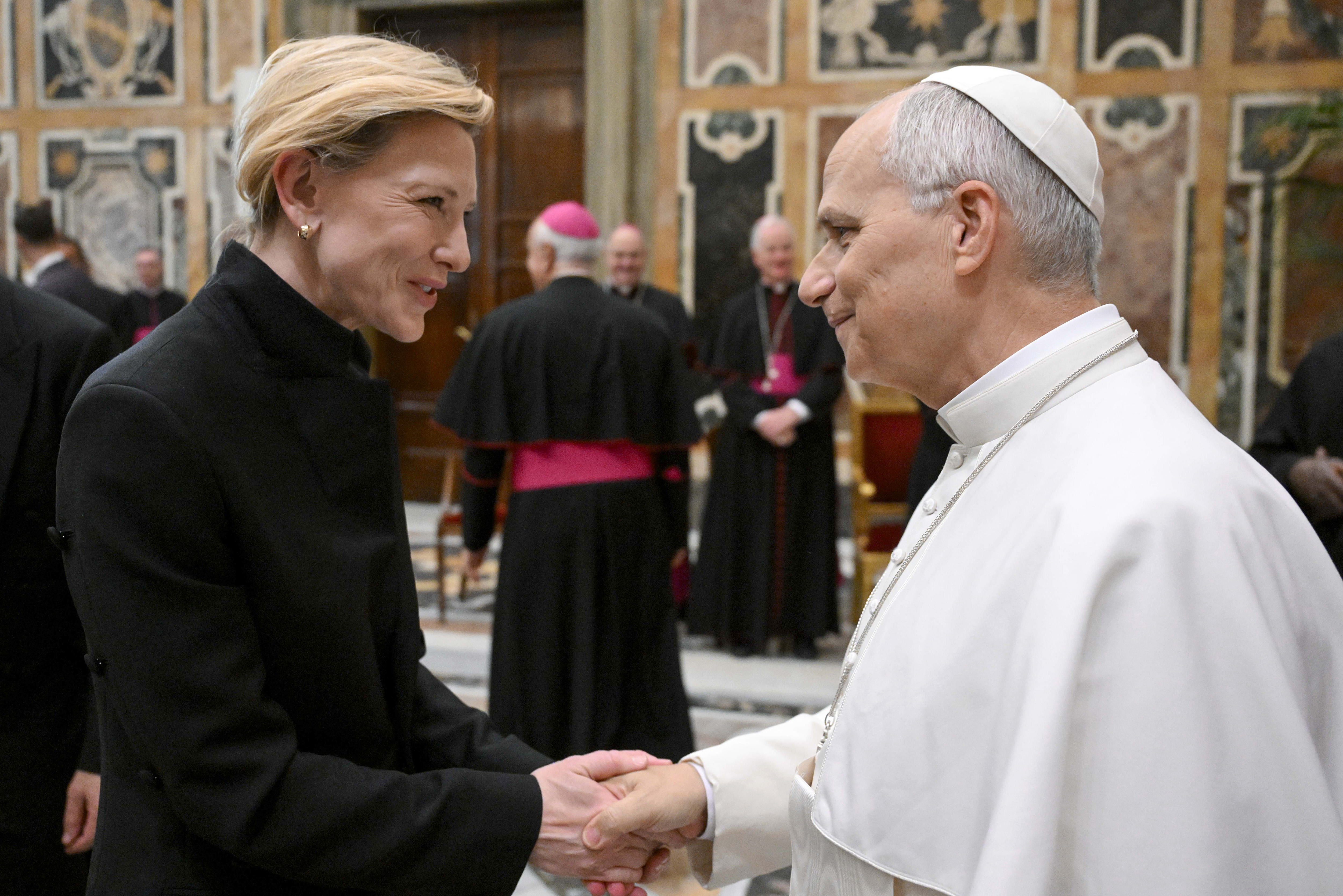 Pope Leo XIV greets Cate Blanchett during an audience with the Film Industry at the Clementine Hall of the Apostolic Palace on November 15, 2025 in Vatican City, Vatican. | Source: Getty Images