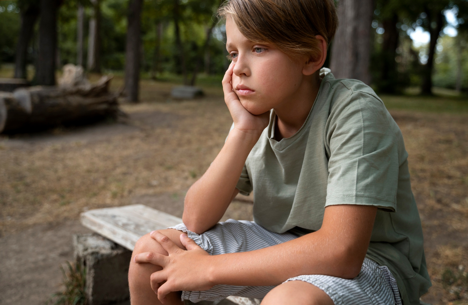 A distressed boy lost in thought while sitting on a bench | Source: Freepik