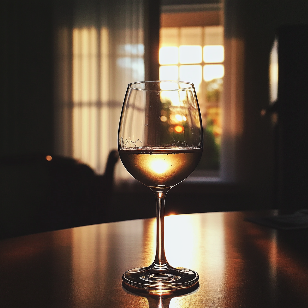 A glass of wine on a table | Source: Midjourney