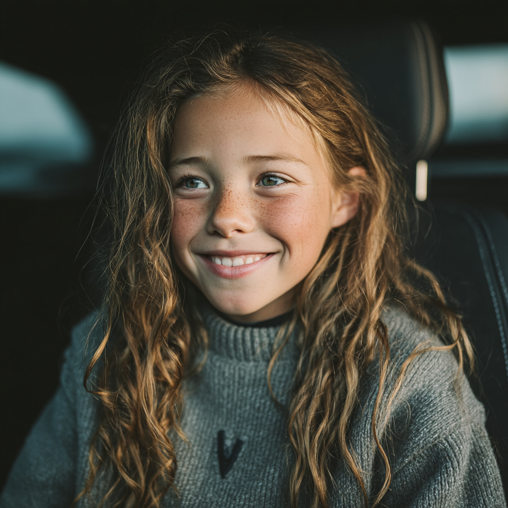 A happy girl in the backseat of a car | Source: Midjourney