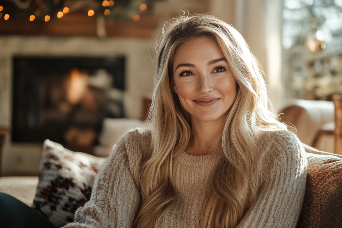 A woman smiling on a couch with an expectant look | Source: Midjourney