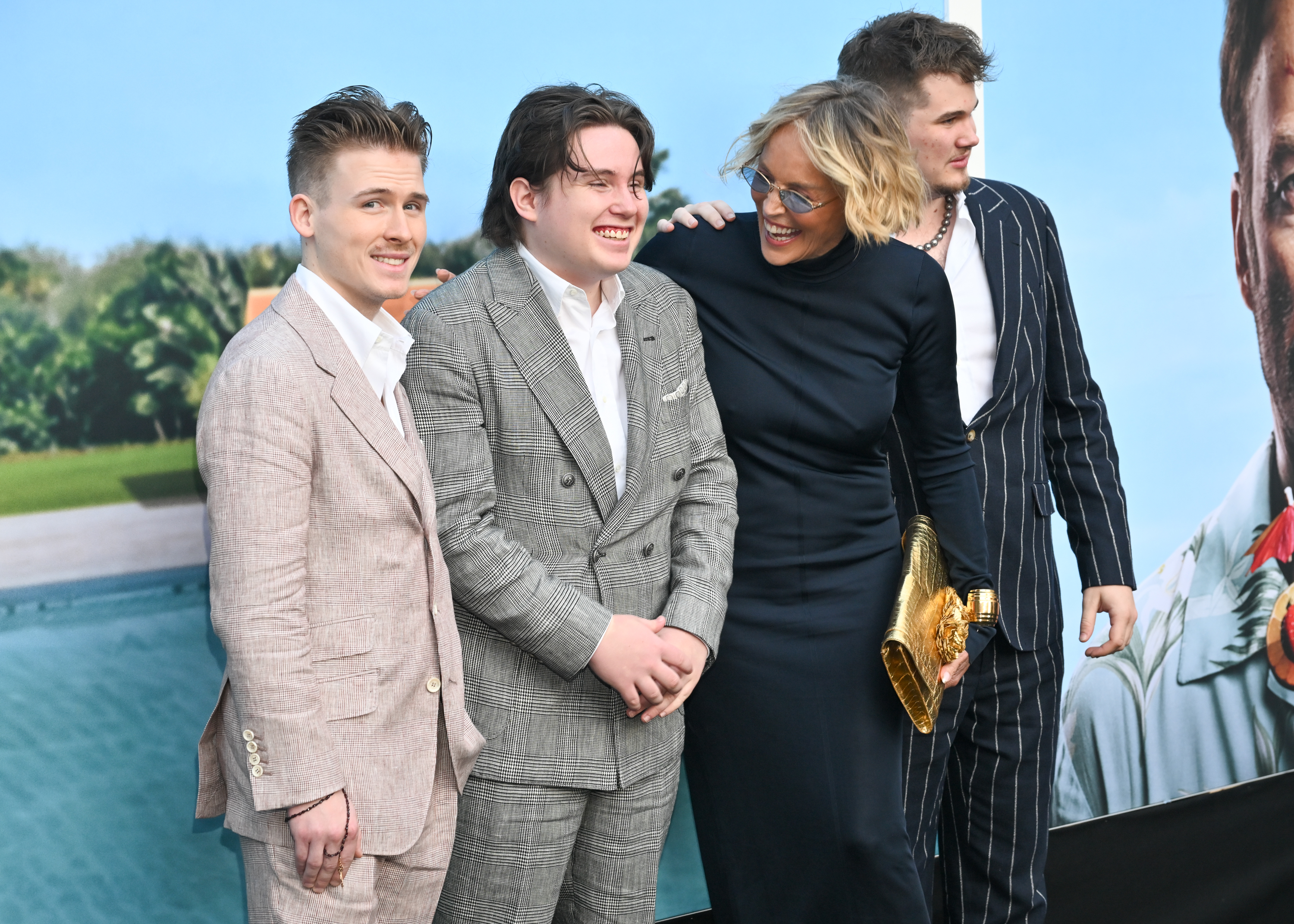 Roan Joseph Bronstein, Quinn Kelly Stone, Sharon Stone, Laird Vonne Stone at Universal Pictures' "Nobody 2" Los Angeles Premiere held at the TCL Chinese Theatre on August 11, 2025 in Los Angeles, California. | Source: Getty Images