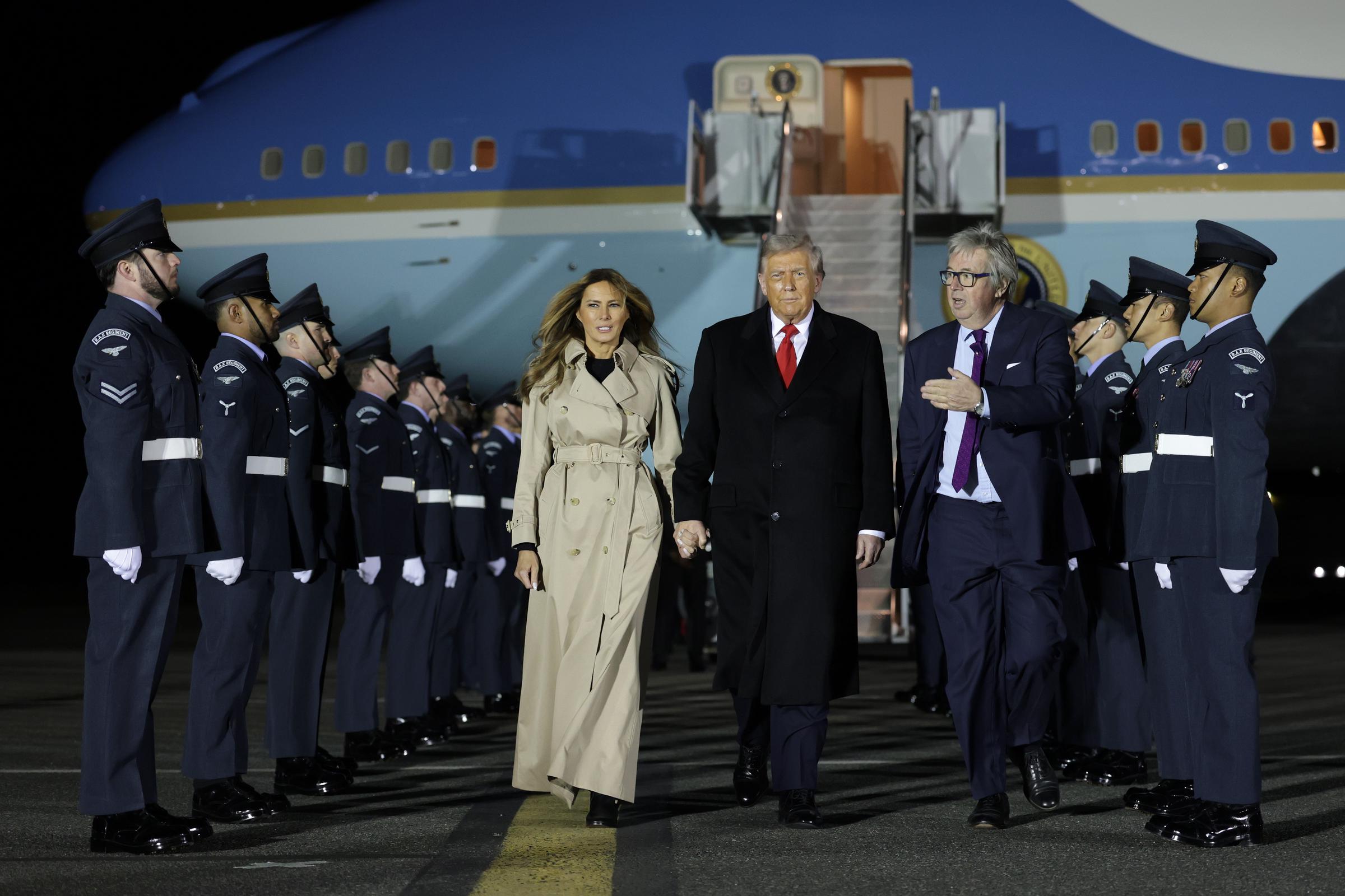U.S. President Donald Trump and First Lady Melania Trump disembark Air Force One after arriving at London Stansted Airport for a state visit on September 16, 2025 in Stansted, Essex. | Source: Getty Images