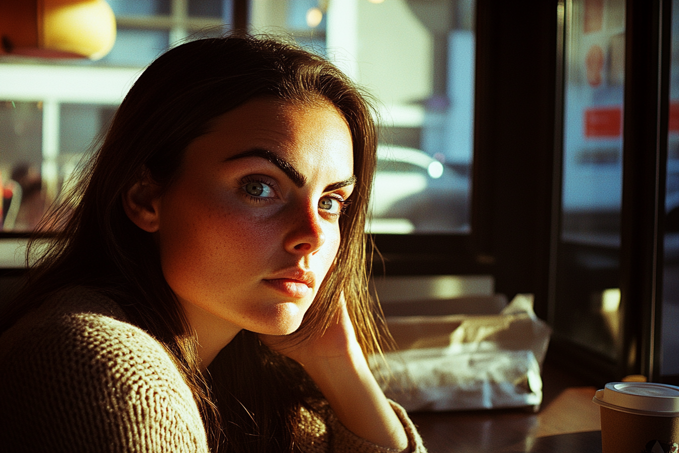 A woman in a coffee shop staring at someone | Source: Midjourney