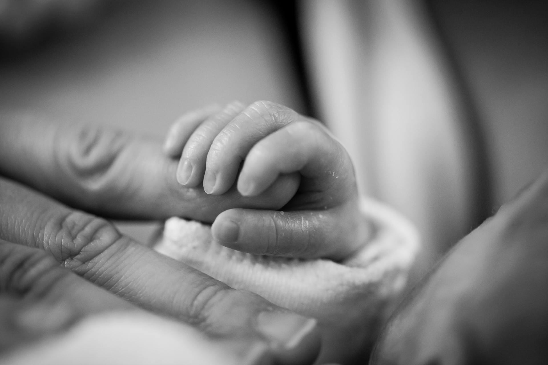 Grayscale photo of a newborn baby holding a finger | Source: Pexels