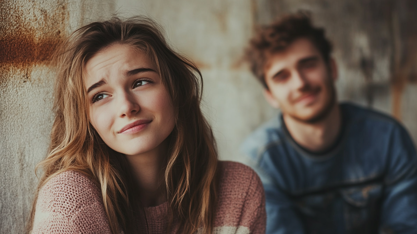 A woman with a man smiling behind her back | Source: Midjourney