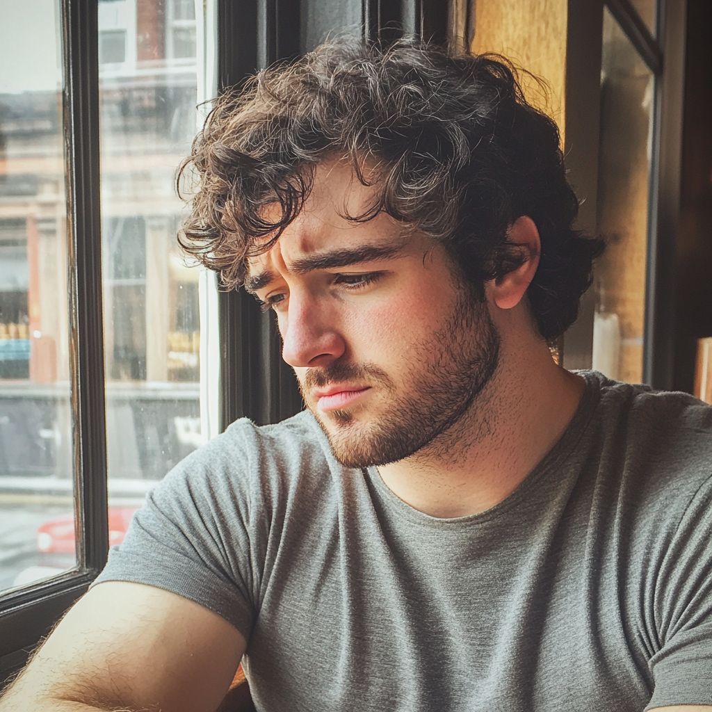 An upset man sitting in a coffee shop | Source: Midjourney