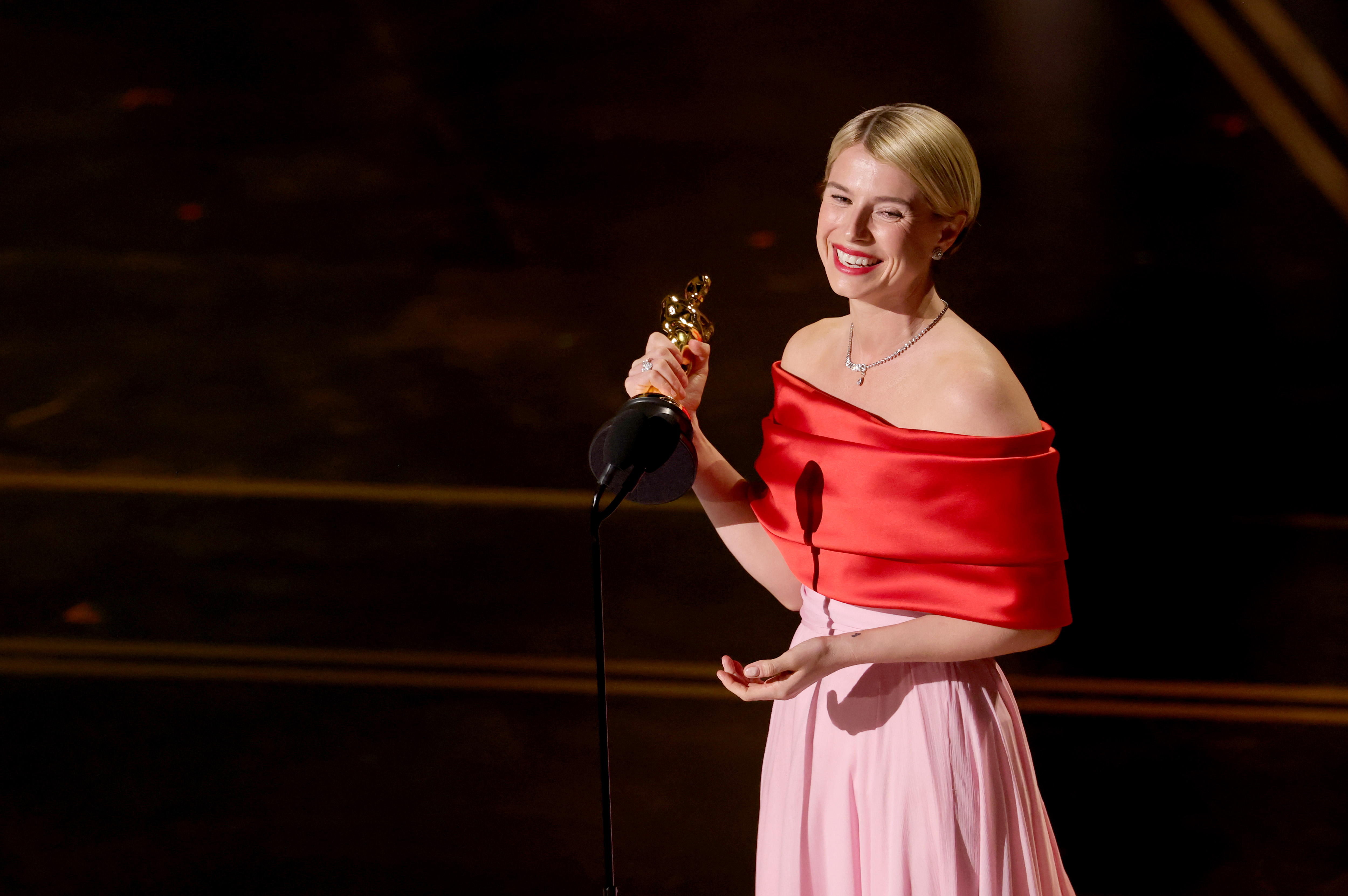 Jessie Buckley accepts the Actress in a Leading Role award for "Hamnet" onstage during the 98th Oscars at Dolby Theatre on March 15, 2026 in Hollywood, California. | Source: Getty Images