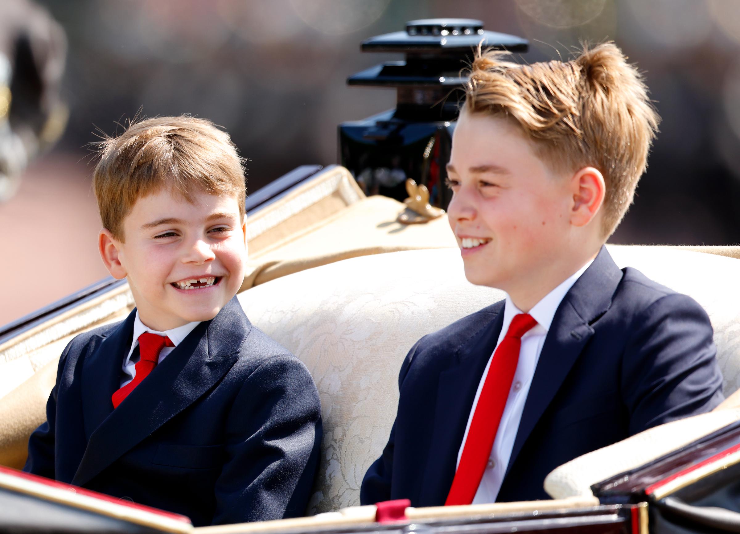 Prince Louis of Wales and Prince George of Wales depart Buckingham Palace in an Ascot Landau horse-drawn carriage during Trooping The Colour 2025 on June 14, 2025 in London, England | Source: Getty Images