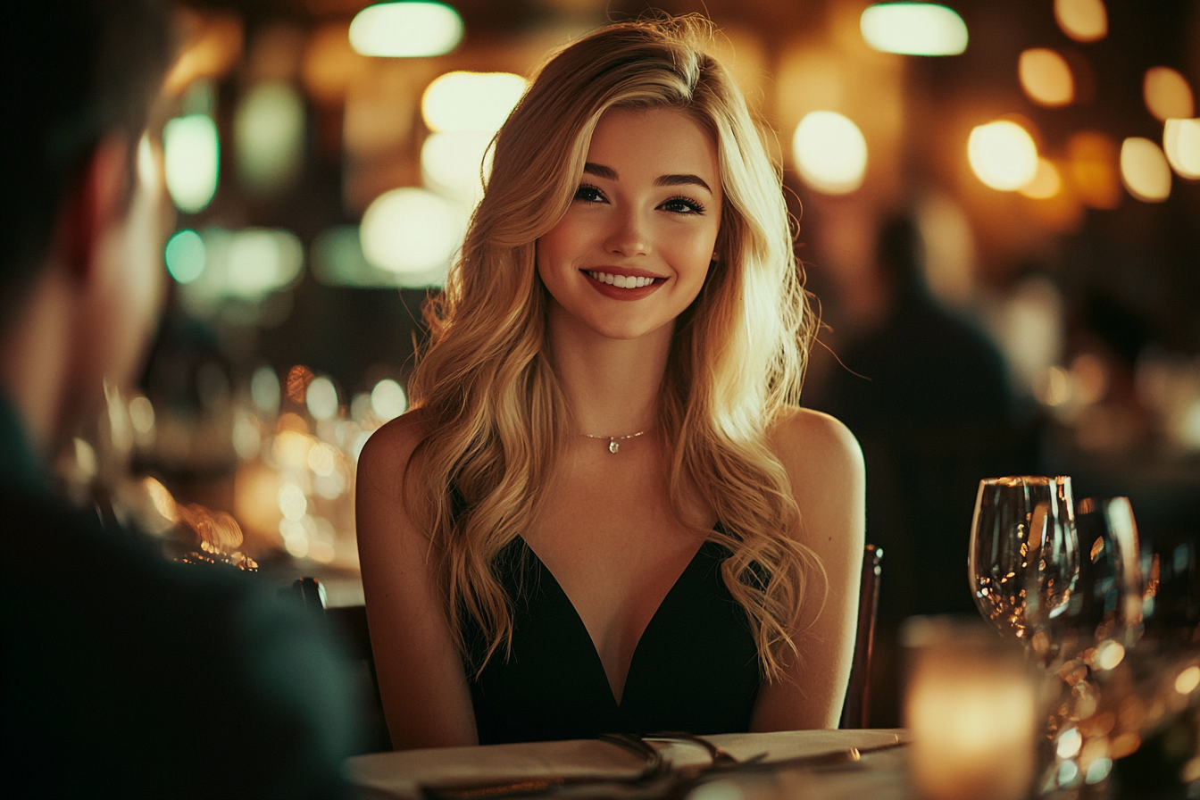 A woman in a cocktail dress smiling at a man at a romantic restaurant | Source: Midjourney