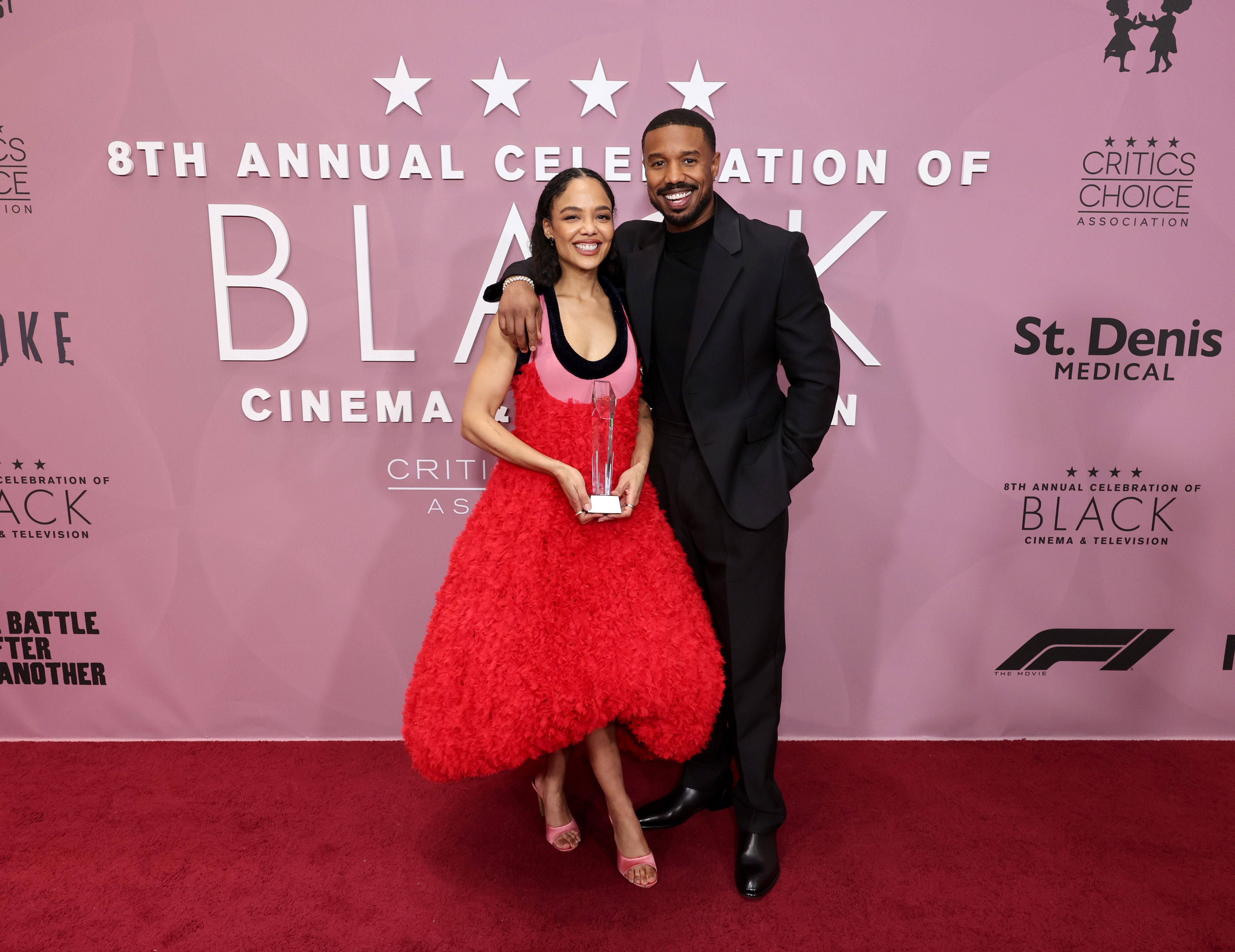 Tessa Thompson, recipient of the Actress Award – Film for “Hedda,” and Michael B. Jordan attend The Critics Choice Association's 8th annual celebration of Black Cinema & Television at Fairmont Century Plaza on December 09, 2025 in Los Angeles, California. | Source: Getty Images