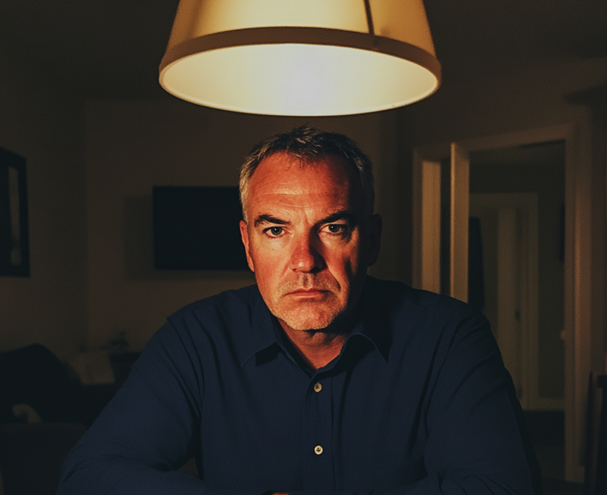 A stern man sitting at a dining table | Source: Midjourney