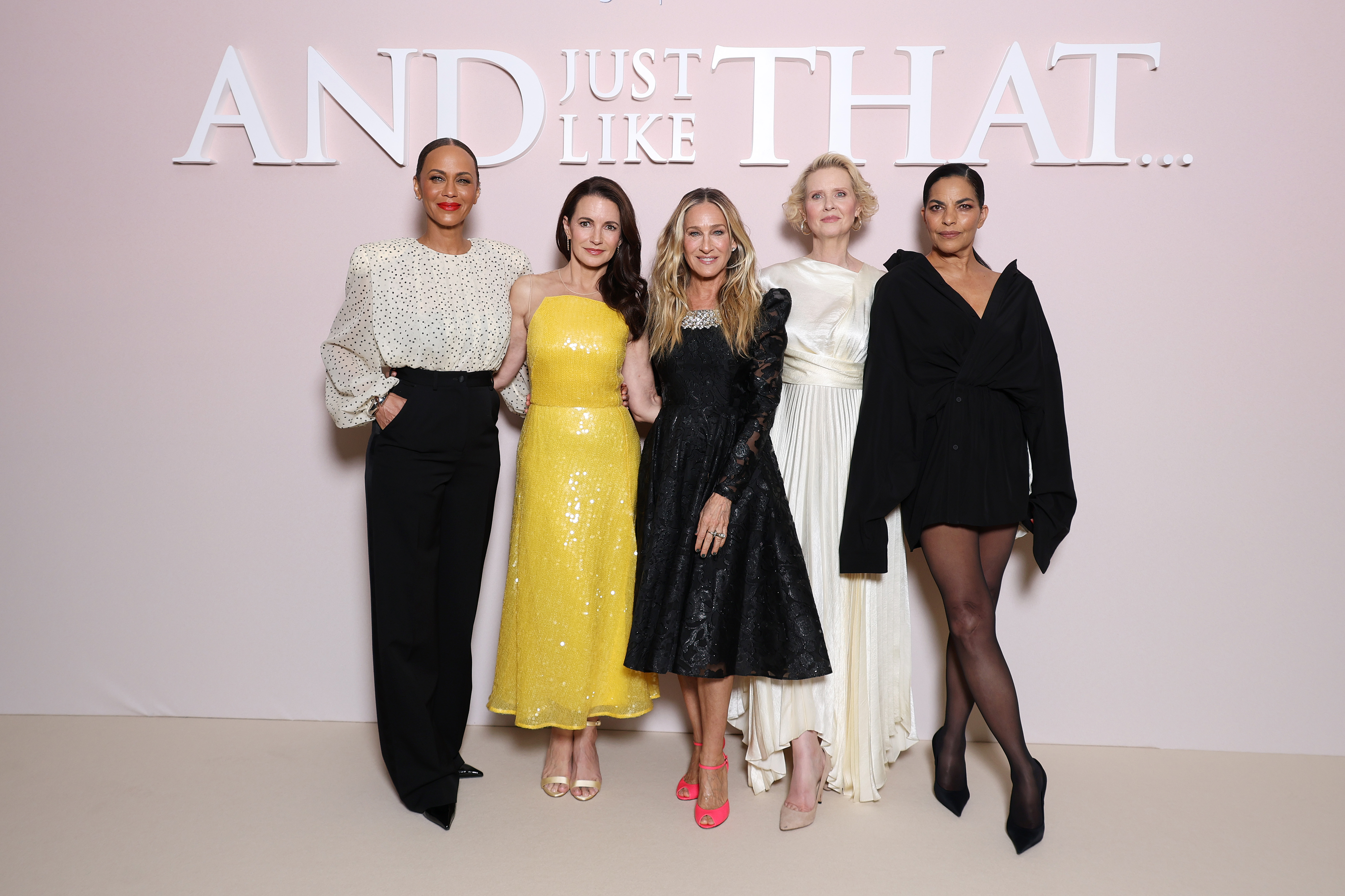 Nicole Ari Parker, Kristin Davis, Sarah Jessica Parker, Cynthia Nixon and Sarita Choudhury attend the "And Just Like That…" Season Three Photocall at Hotel Napoleon on May 29, 2025 in Paris, France. | Source: Getty Images