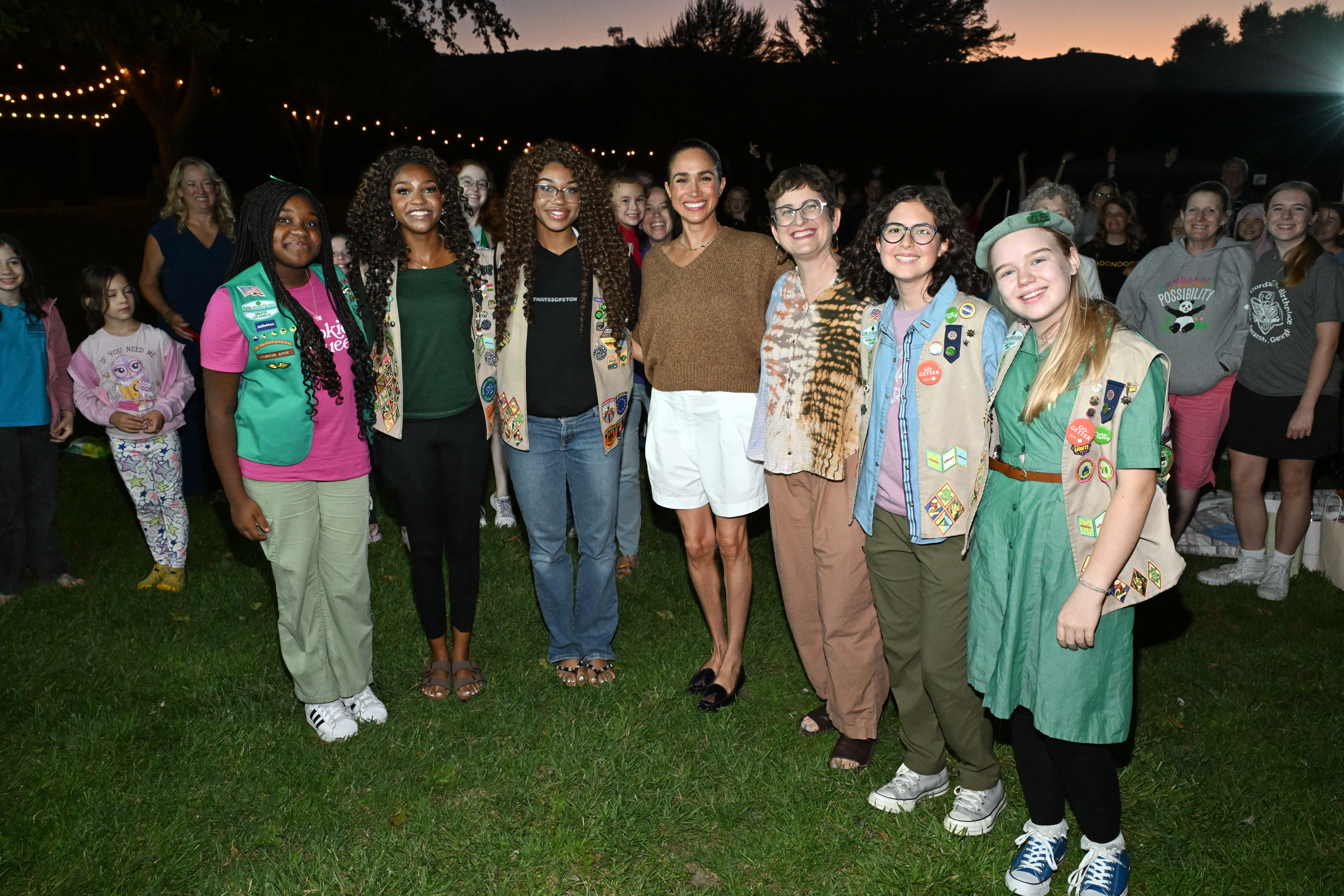 Nikki, Nyah, Nala, Meghan, Duchess of Sussex, Alysa Nahmias, Celia and Olive are seen at a special screening of Roadside Attractions' "Cookie Queens" at Camp Arnaz on July 29, 2026 in Ojai, California. | Source: Getty Images
