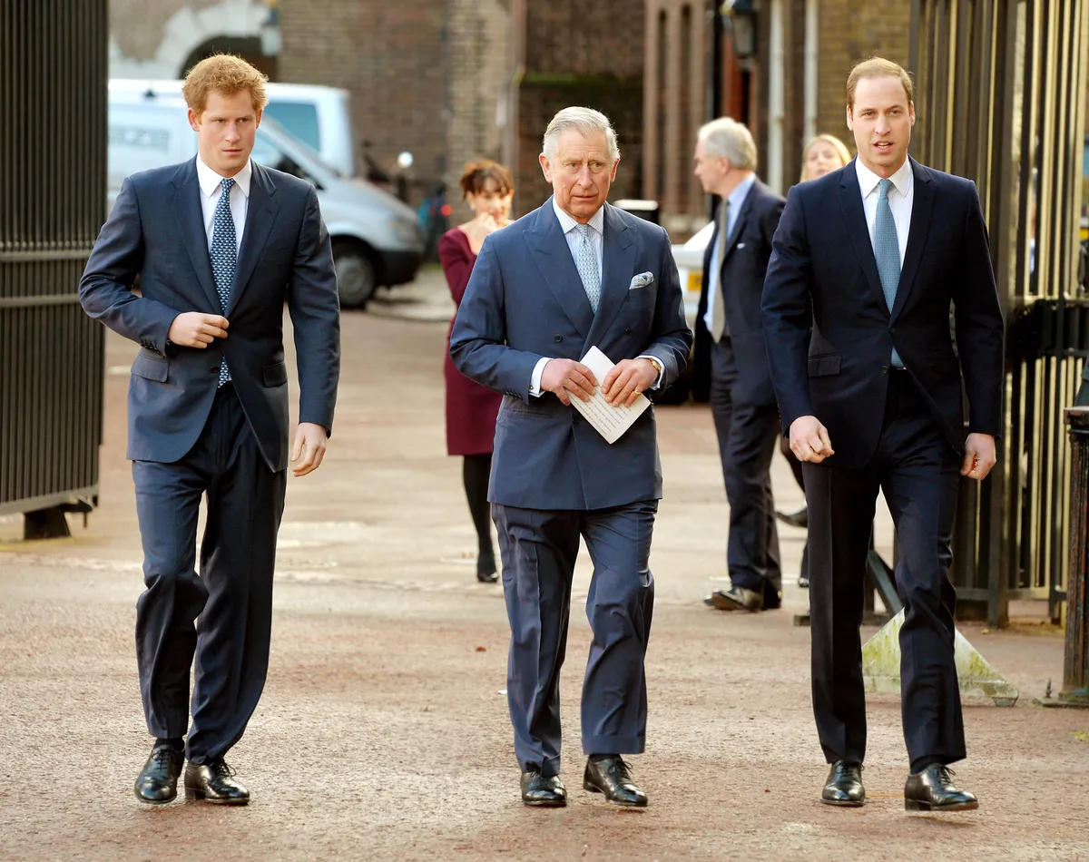 Prince Harry, King Charles, and Prince William arrive at the Illegal Wildlife Trade Conference at Lancaster House on February 13, 2014 in London, England. | Source: Getty Images