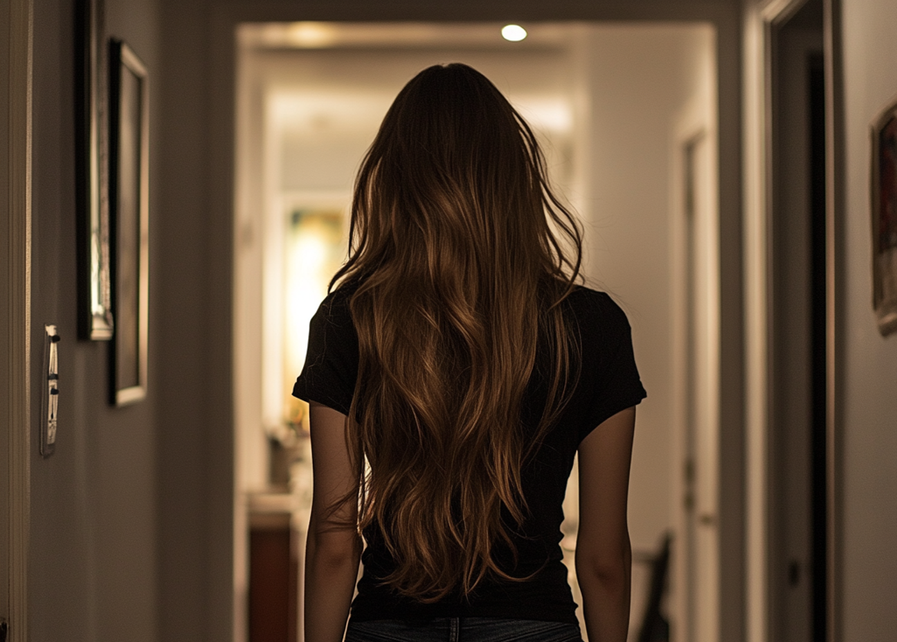 A woman walking down a hallway | Source: Midjourney