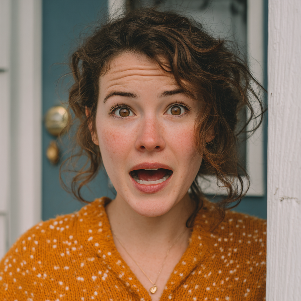 A shocked and upset woman standing outside a closed door | Source: Midjourney