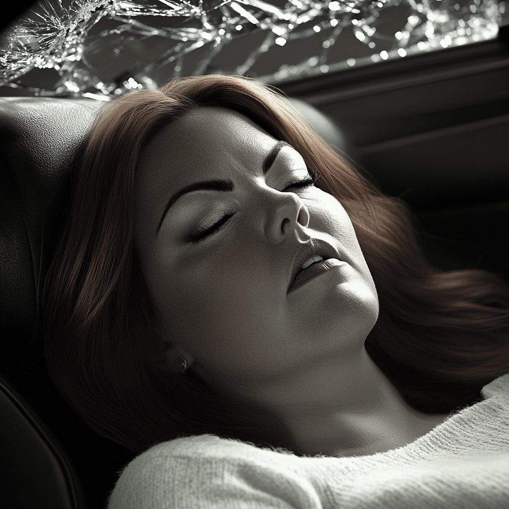 An unconscious woman lying inside a car after an impact | Source: Midjourney