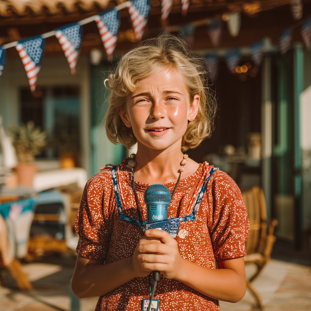A little girl speaking on a microphone | Source: Midjourney
