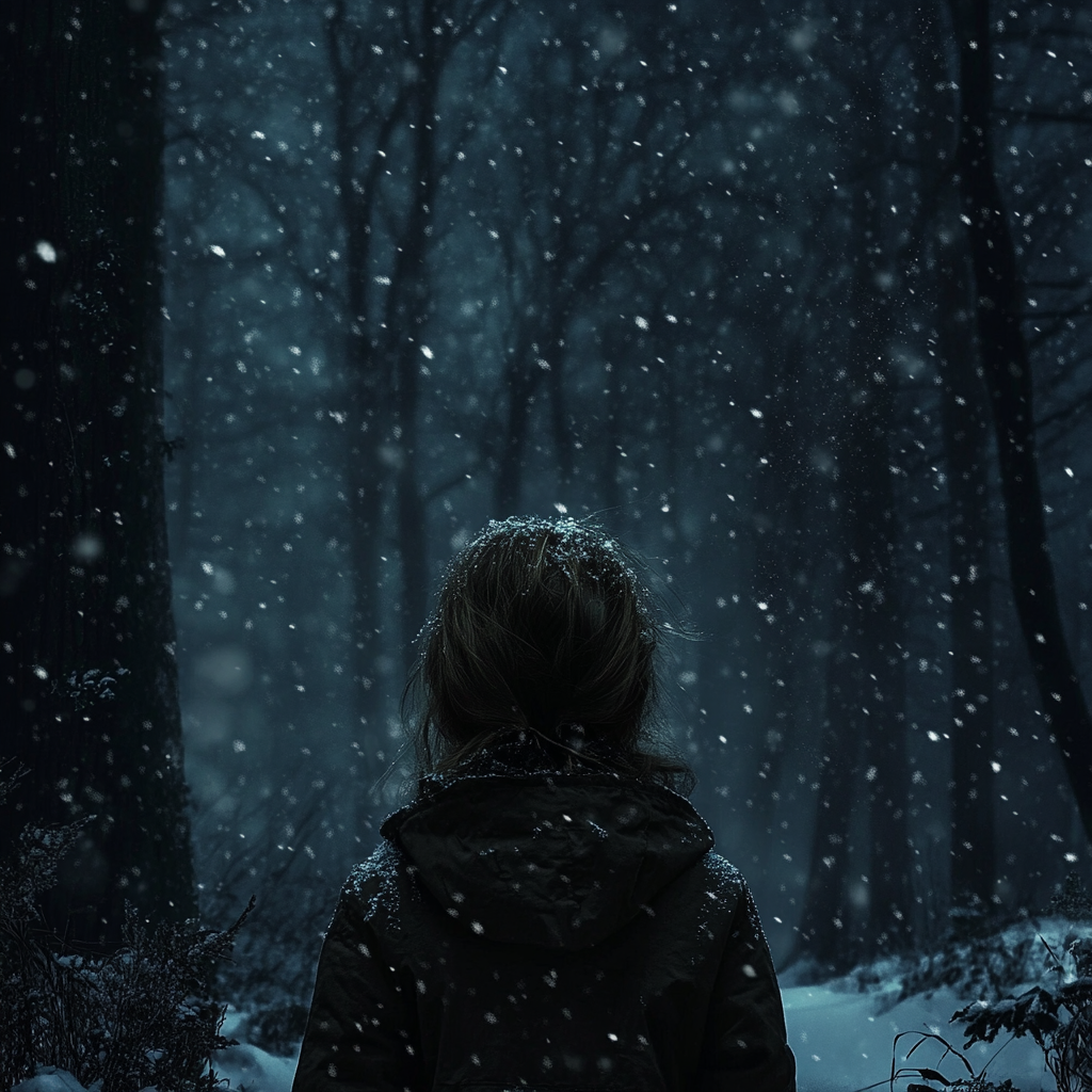 A girl standing in the woods during a snowstorm | Source: Midjourney