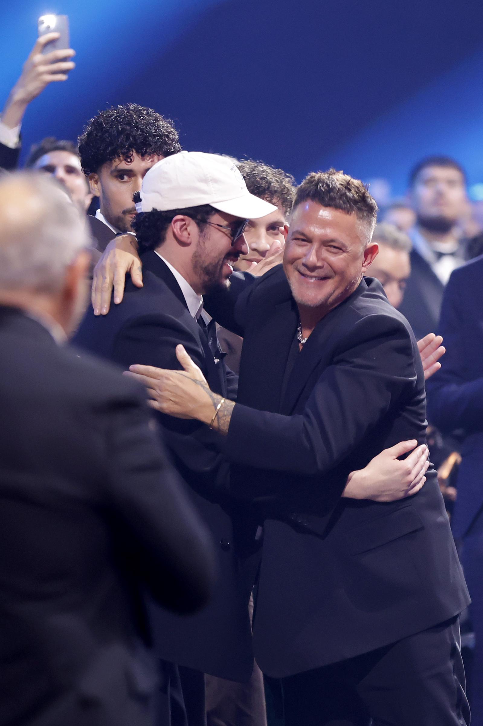 Bad Bunny and Alejandro Sanz sharing an embrace following Sanz's Record of the Year win during the 26th Annual Latin Grammy Awards on November 13, 2025, in Las Vegas, Nevada. | Source: Getty Images