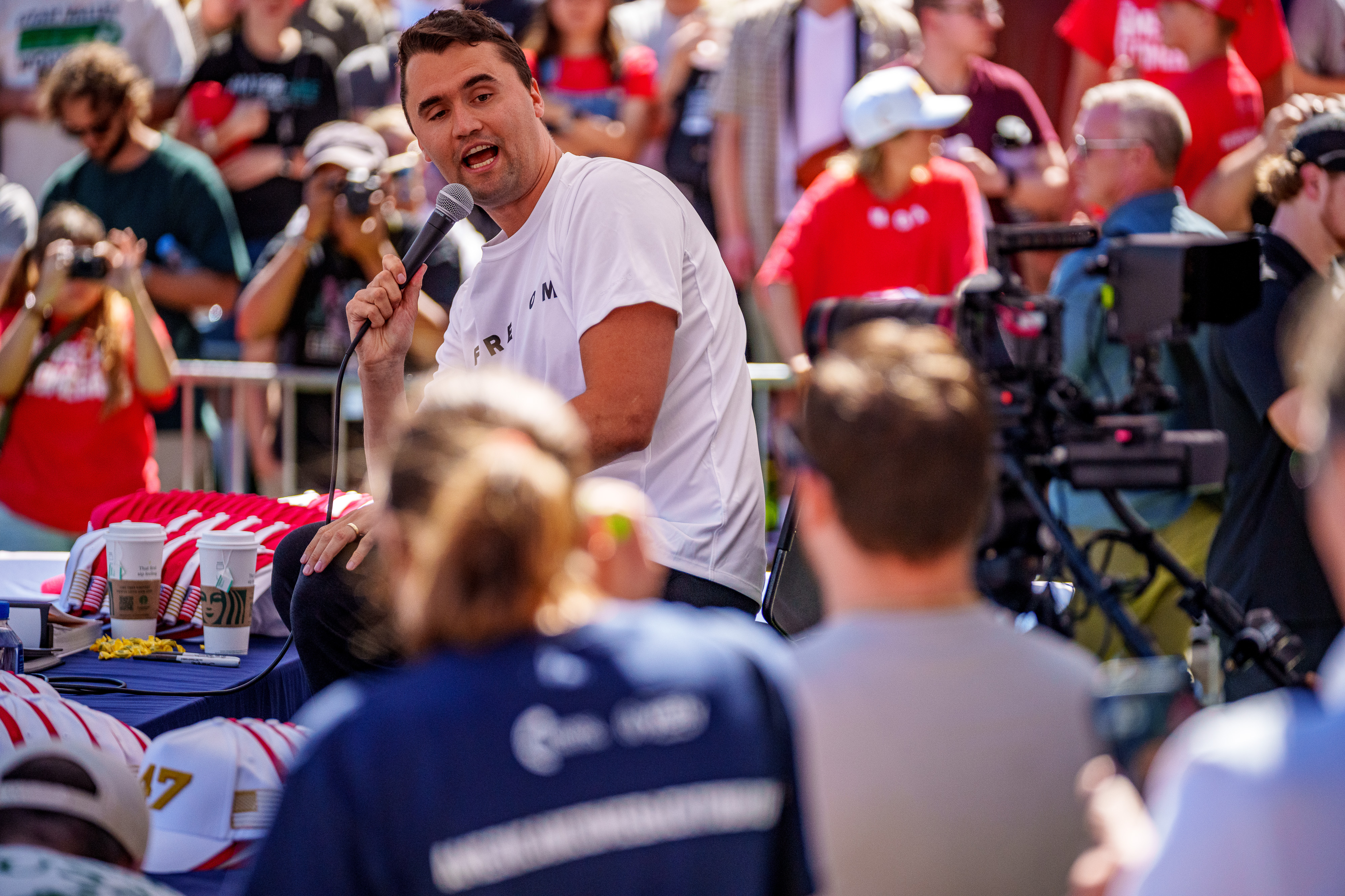 Charlie Kirk speaks at Utah Valley University on September 10, 2025, in Orem, Utah. | Source: Getty Images