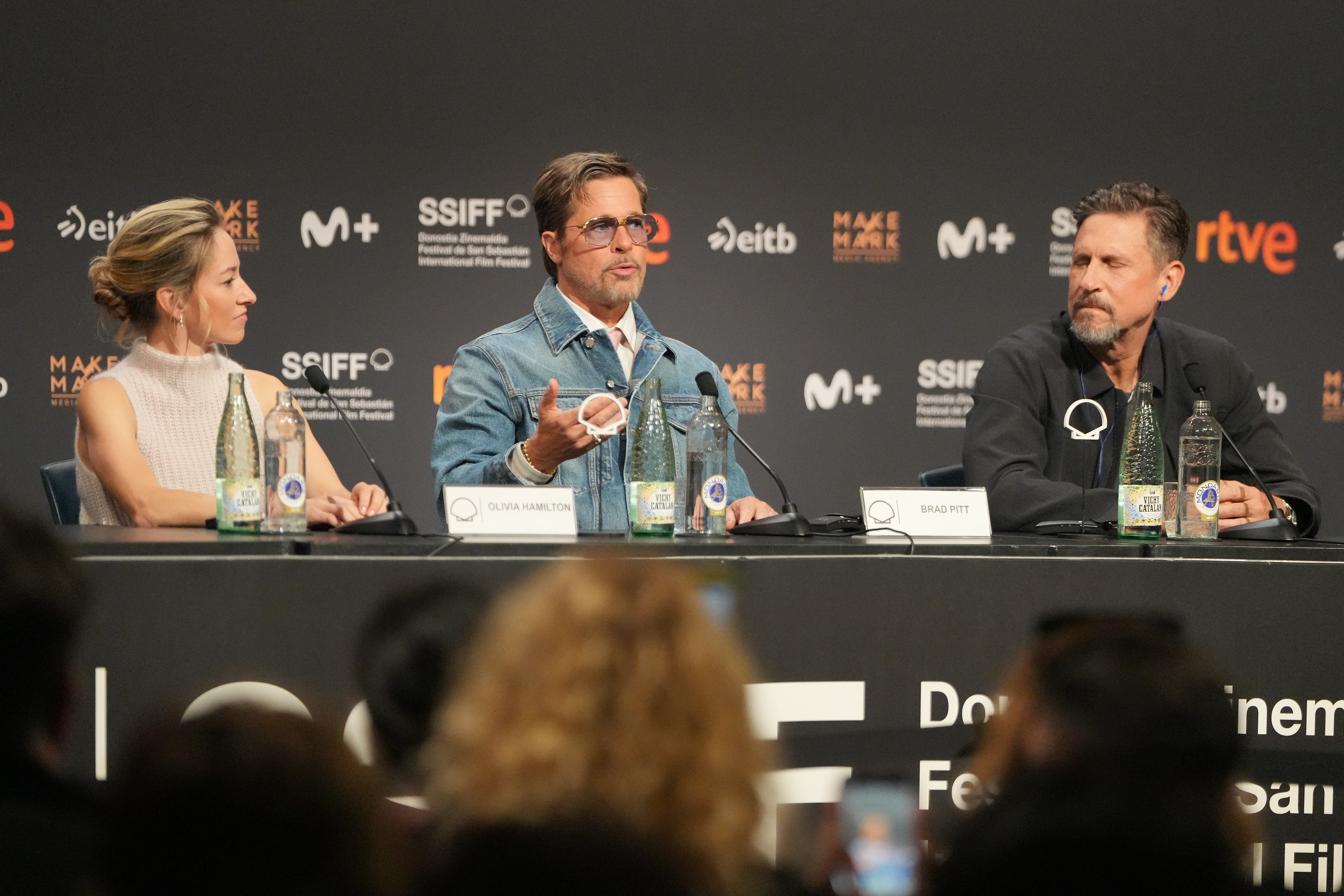 (L-R) Producer Olivia Hamilton, actor Brad Pitt, and director David Ayer hold a press conference during the presentation of the film "Heart of the Beast" at the San Sebastian Film Festival, at the Kursaal Conference Centre, on September 23, 2026 in San Sebastian, Spain. | Source: Getty Images