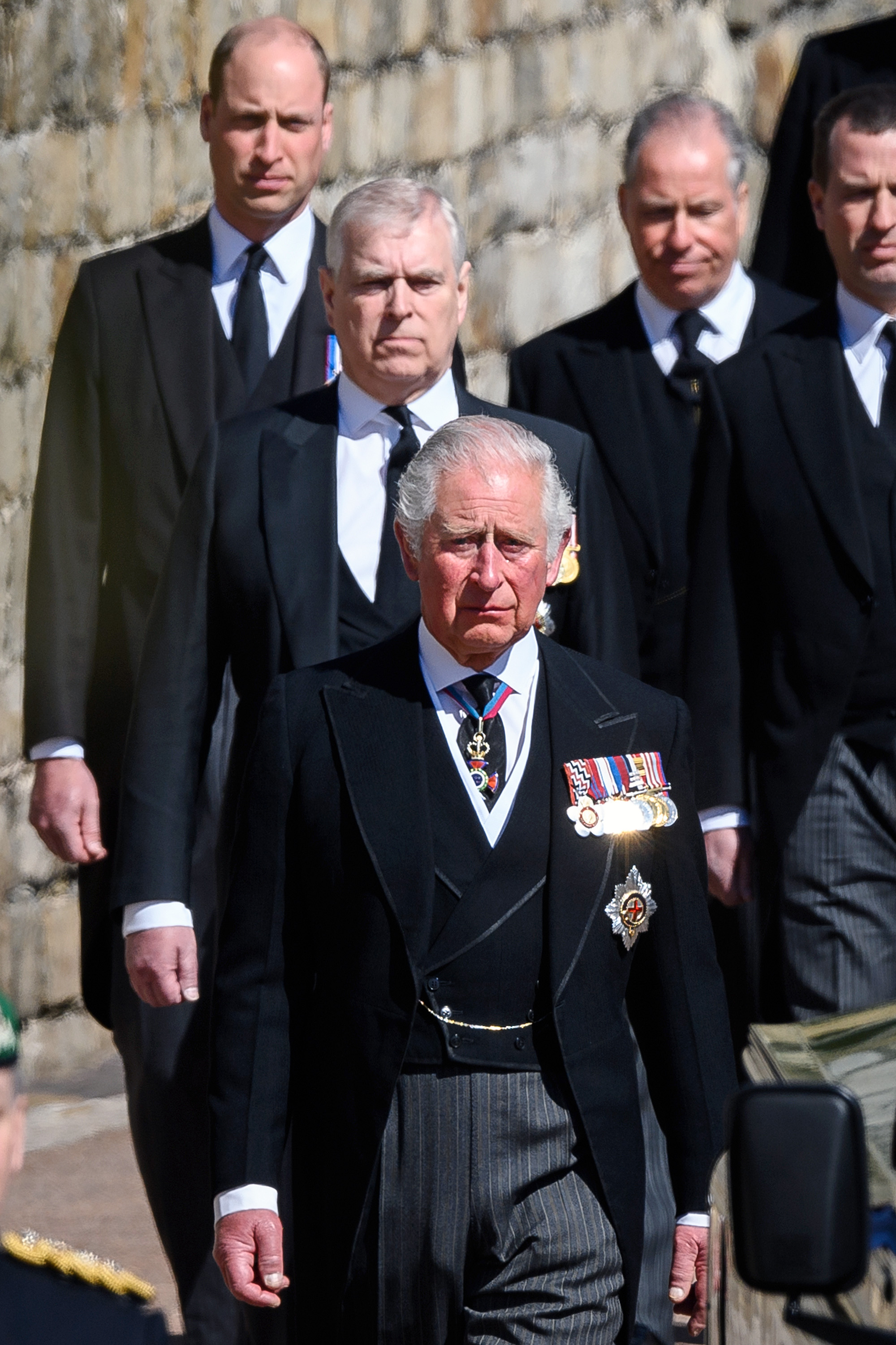 Prince William, Prince Andrew, and King Charles III during the funeral of Prince Philip, Duke of Edinburgh at Windsor Castle on April 17, 2021 in Windsor, England. | Source: Getty Images