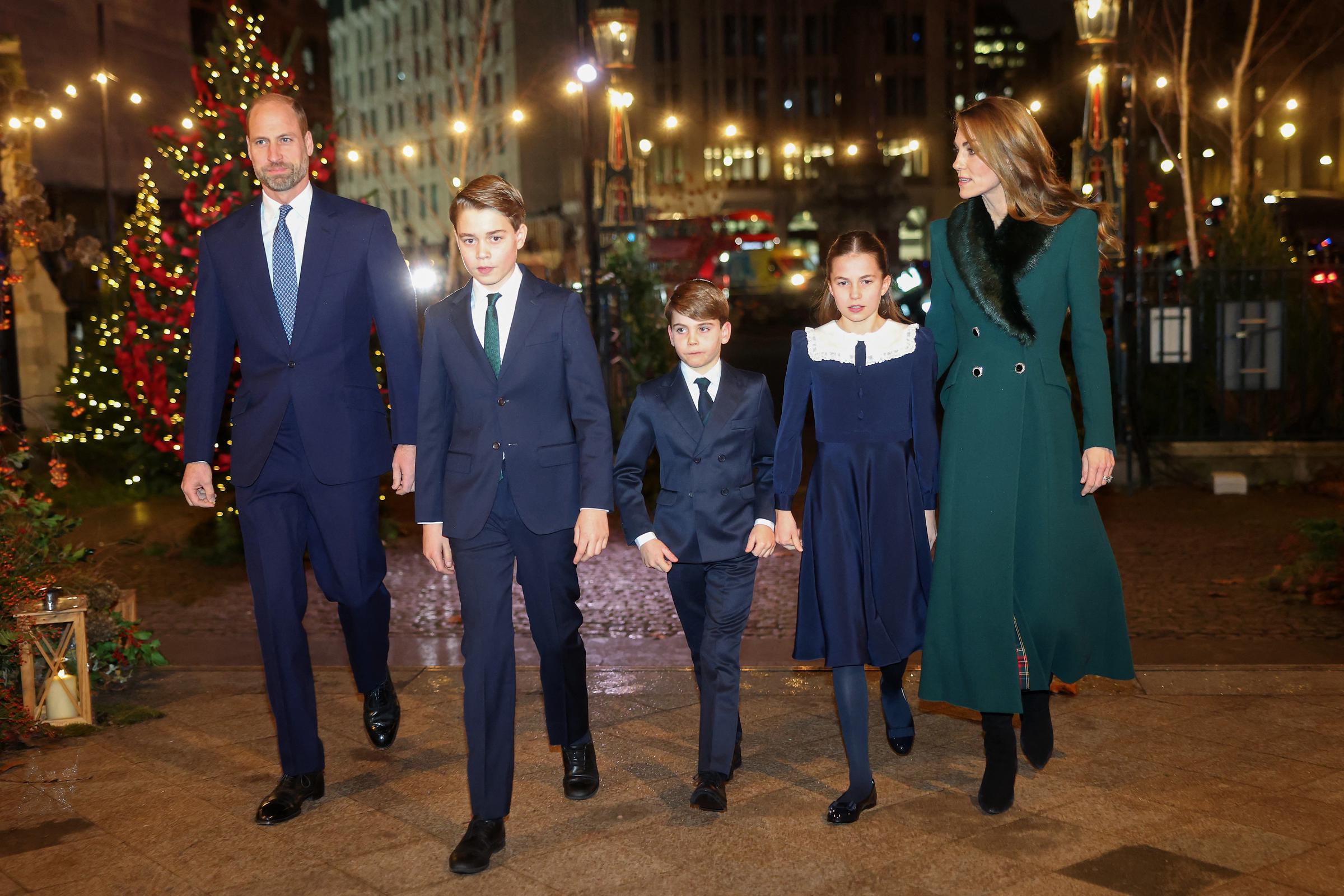 (L-R) Prince William, Prince of Wales, Prince George of Wales, Prince Louis of Wales, Princess Charlotte of Wales and Catherine, Princess of Wales arrive to attend the fifth annual "Together At Christmas" Carol Service" at Westminster Abbey in London on December 5, 2025. | Source: Getty Images