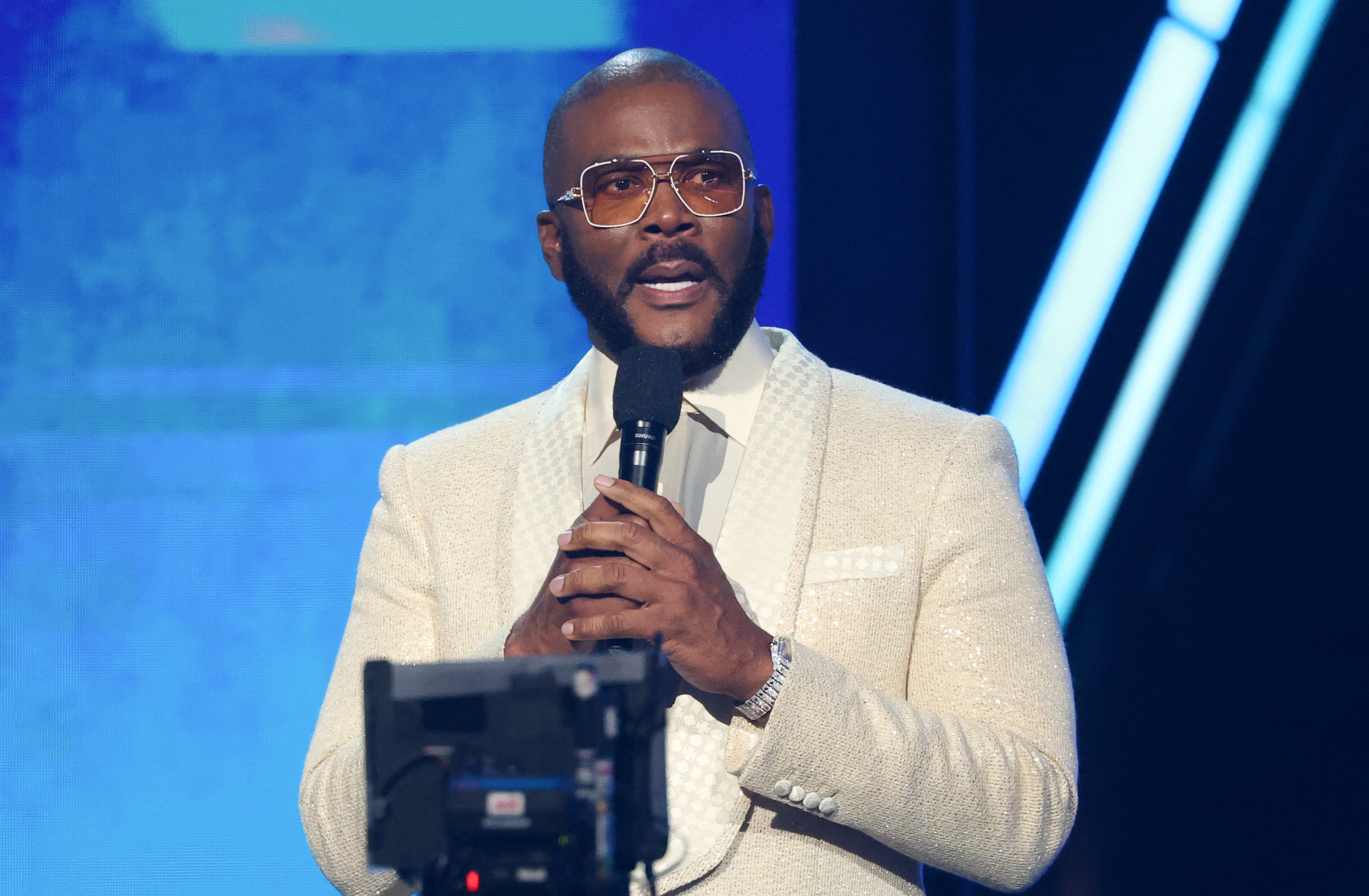 Tyler Perry speaks on stage during the 2025 BET Awards at the Peacock Theatre on June 9, 2025, in Los Angeles. | Source: Getty Images