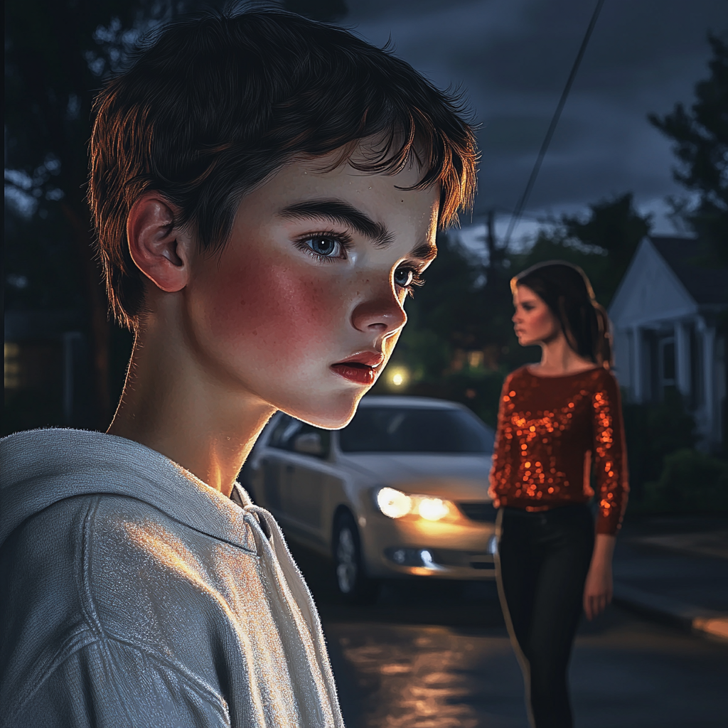 A boy lost in deep thought while a woman is standing on the road near her car | Source: Midjourney