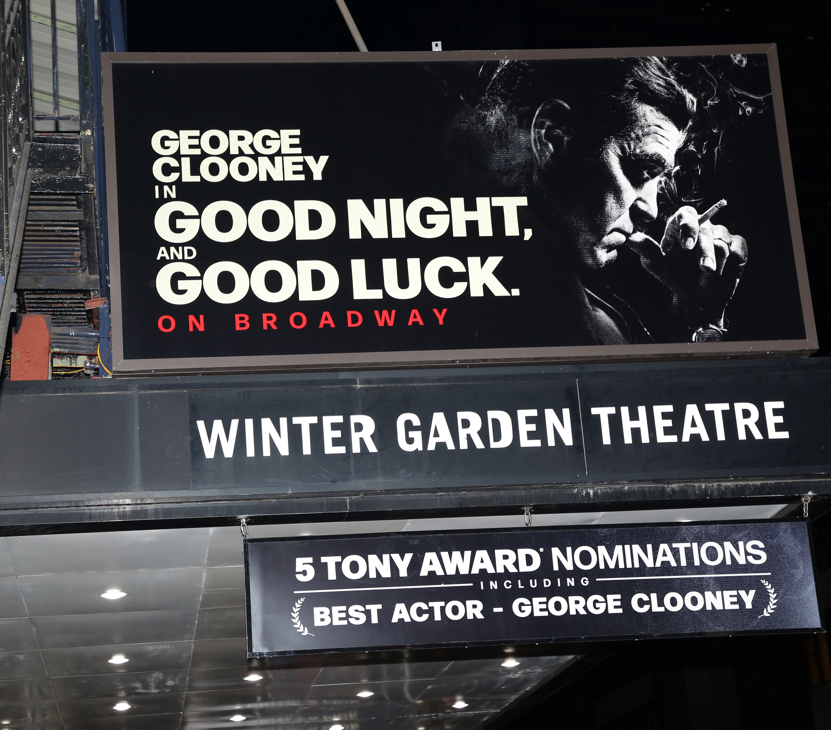 Signage at the hit play "Good Night, and Good Luck" on Broadway at The Winter Garden Theatre on May 29, 2025, in New York City. | Source: Getty Images