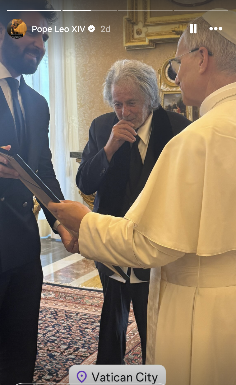 Pope Leo XIV with Al Pacino and Andrea Iervolino posted on the latter's Instagram stories on June 17, 2025 | Source: Instagram/andreaiervolinoproducer