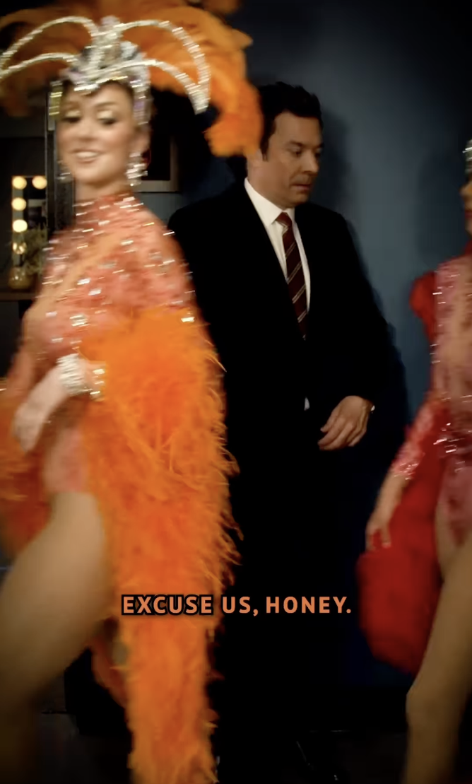 A group of showgirls passing by Jimmy Fallon, posted on September 25, 2025. | Source: Instagram/jimmyfallon