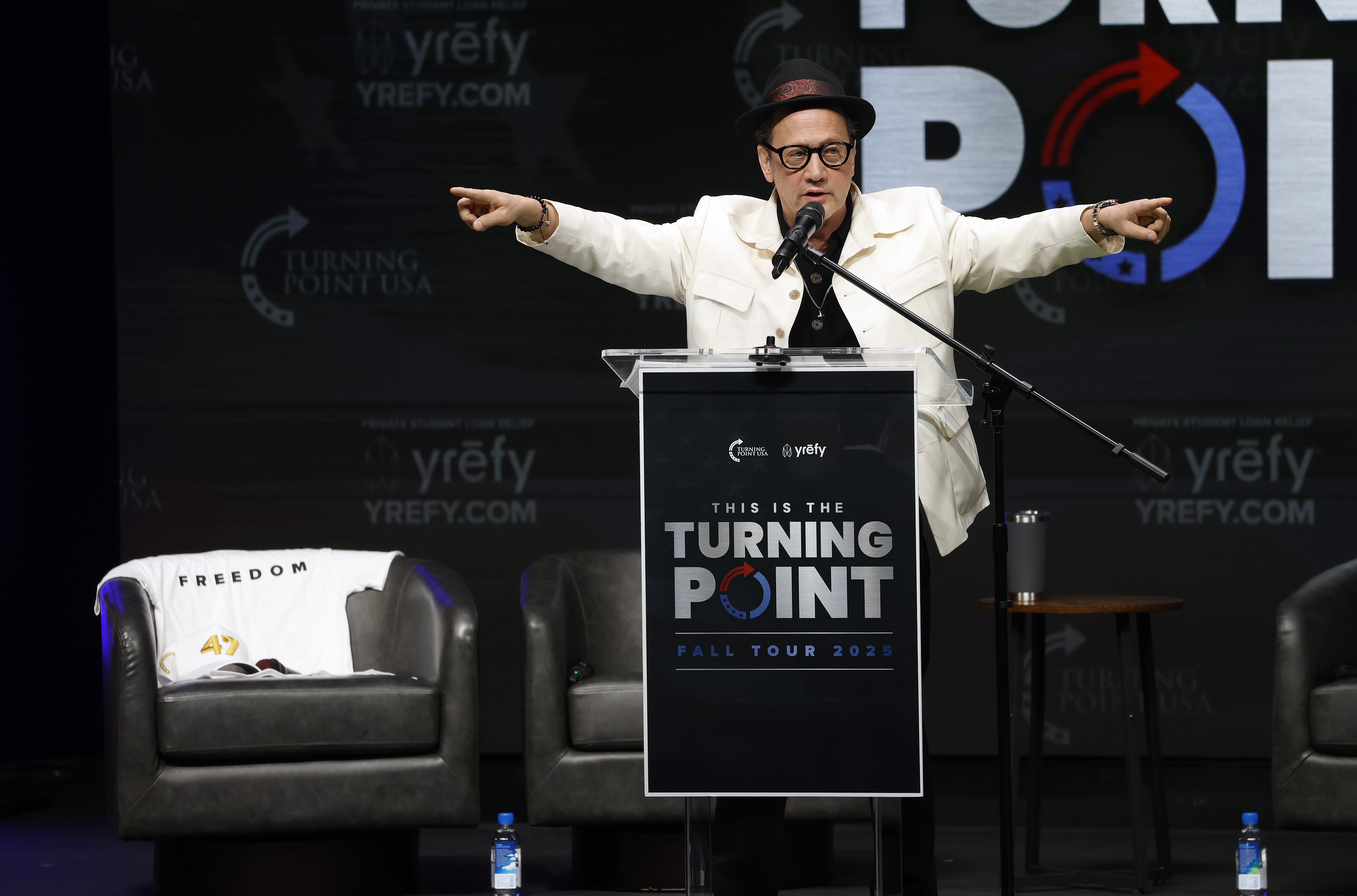 Rob Schneider speaks during a Turning Point USA event at the University of California, Berkeley (UC Berkeley) on November 10, 2025 in Berkeley, California. | Source: Getty Images
