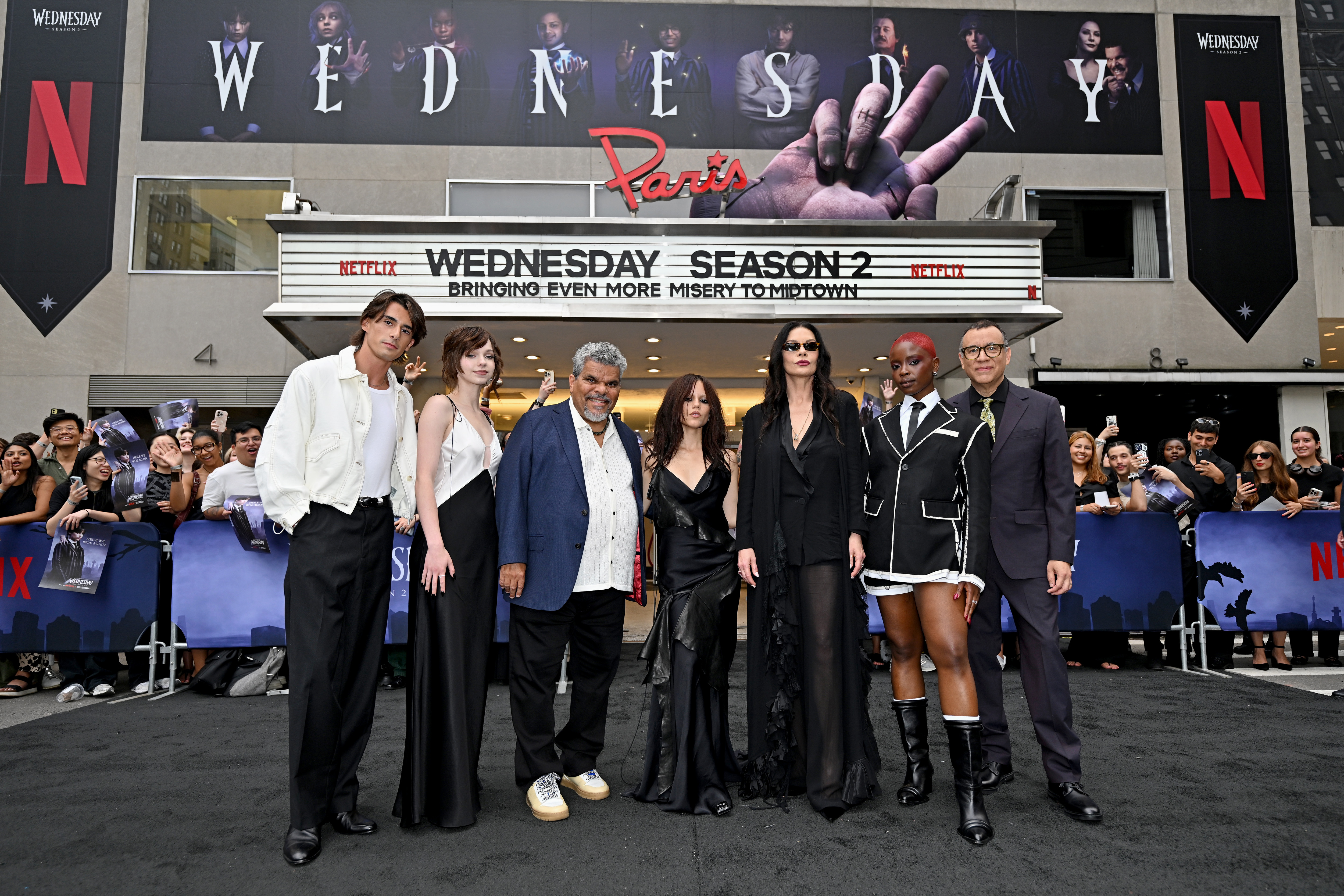 Georgie Farmer, Emma Myers, Luis Guzmán, Jenna Ortega, Catherine Zeta-Jones, Joy Sunday and Fred Armisen attend the Wednesday S2 NY Fan Screening at Paris Theater on August 5, 2025 in New York City. | Source: Getty Images