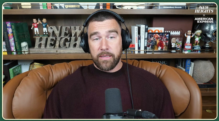Travis Kelce speaks about his recent London getaway with Taylor Swift during an episode of the "New Heights" podcast. | Source: YouTube/ New Heights