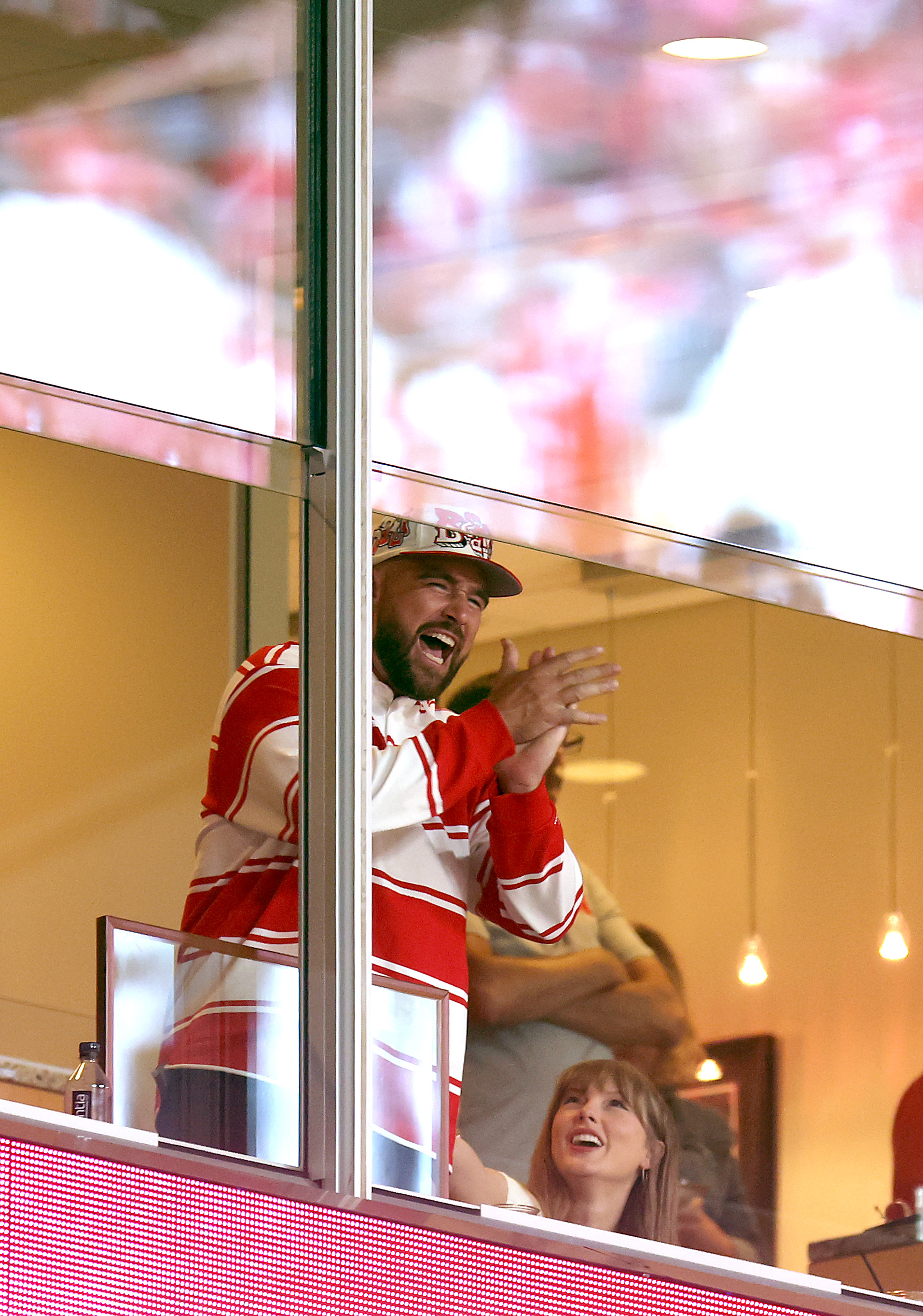 Travis Kelce and Taylor Swift watch from a suite during the first half of the game between the Cincinnati Bearcats and the Nebraska Cornhuskers at Arrowhead Stadium on August 28, 2025, in Kansas City, Missouri. | Source: Getty Images