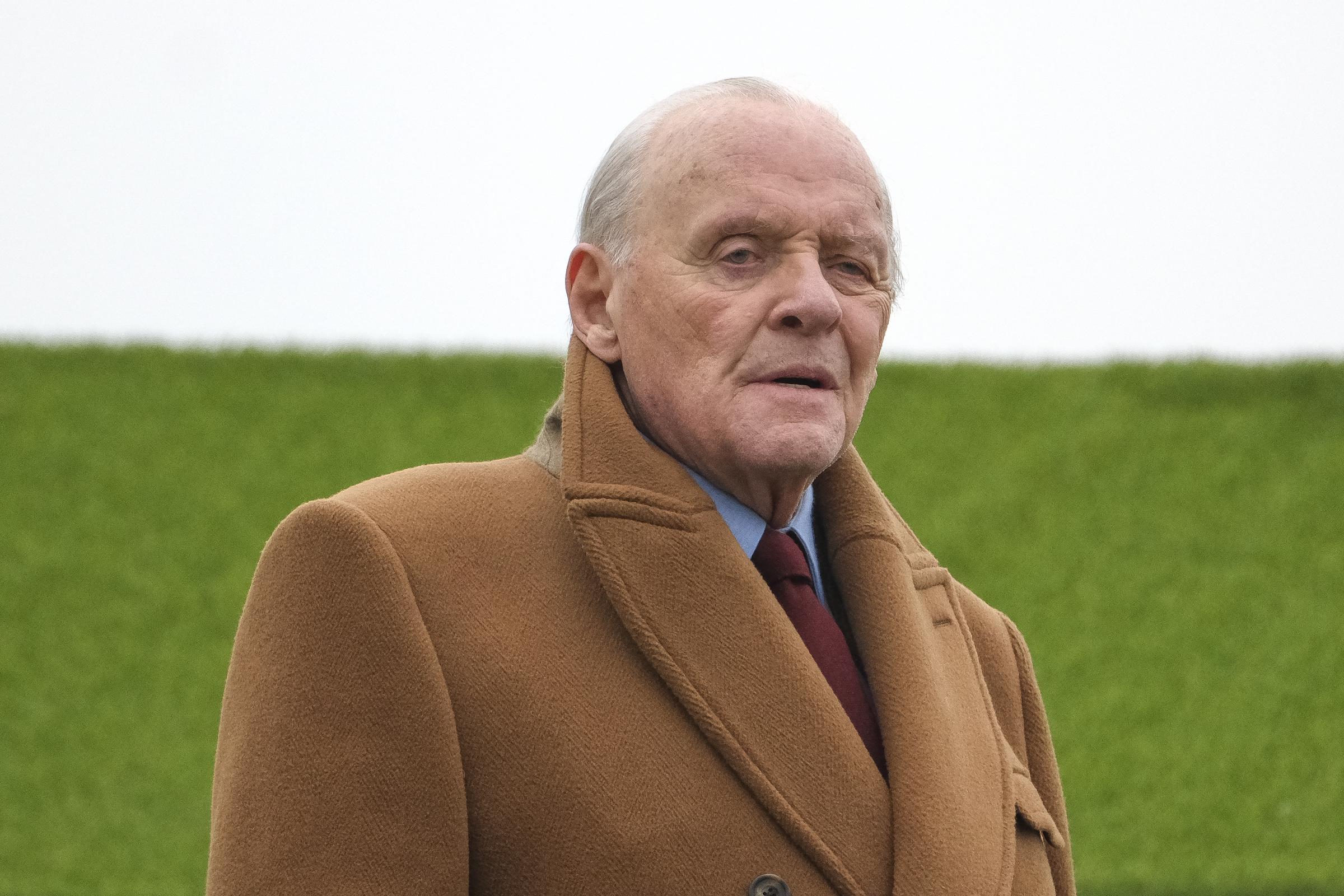 Anthony Hopkins seen filming at Sandown Park Racecourse on February 13, 2025, in Esher, England. | Source: Getty Images