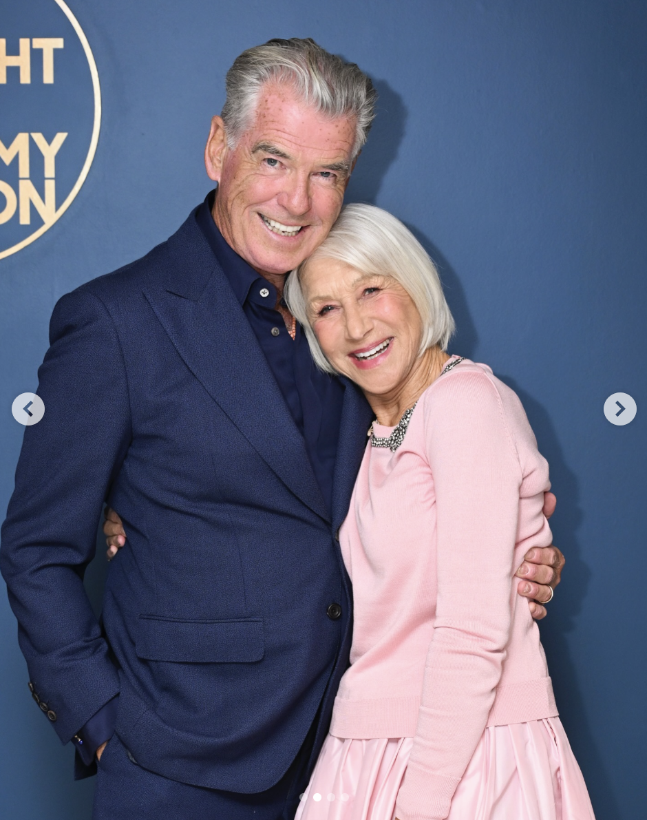 Pierce Brosnan and Helen Mirren on the set of "The Tonight Show Starring Jimmy Fallon," aired on August 11, 2025. | Source: Instagram/hellomag