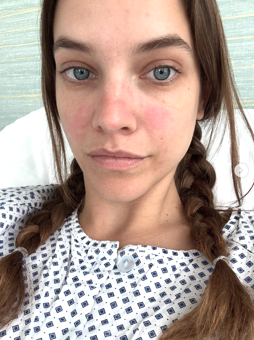 Barbara Palvin post surgery wearing a medical gown, posted on August 17, 2025. | Source: Instagram/realbarbarapalvin