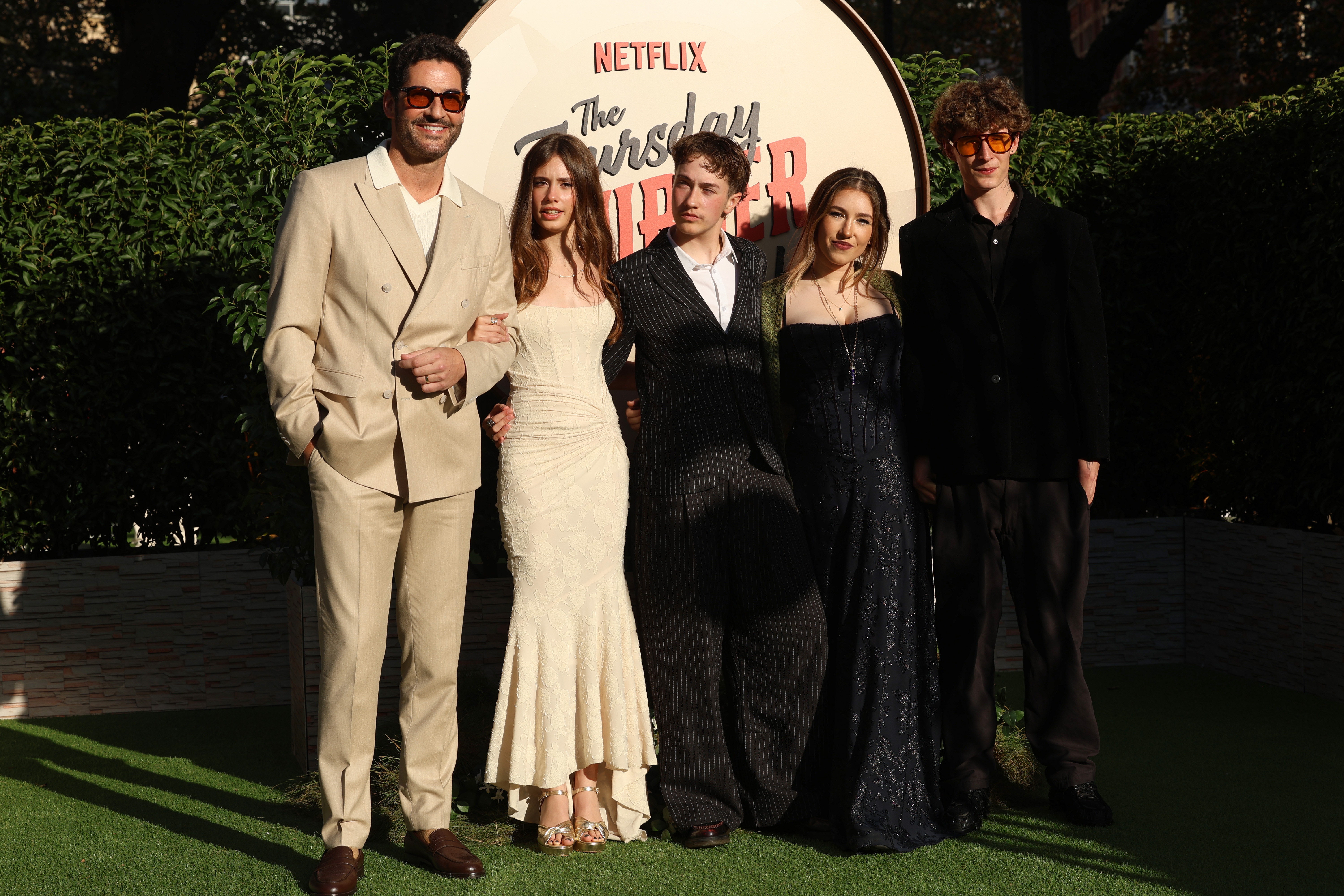 Tom Ellis, Marnie Ellis, Flo Ellis, Nora Ellis, and guest attend "The Thursday Murder Club" UK Premiere at Leicester Square Gardens on August 21, 2025, in London, England. | Source: Getty Images