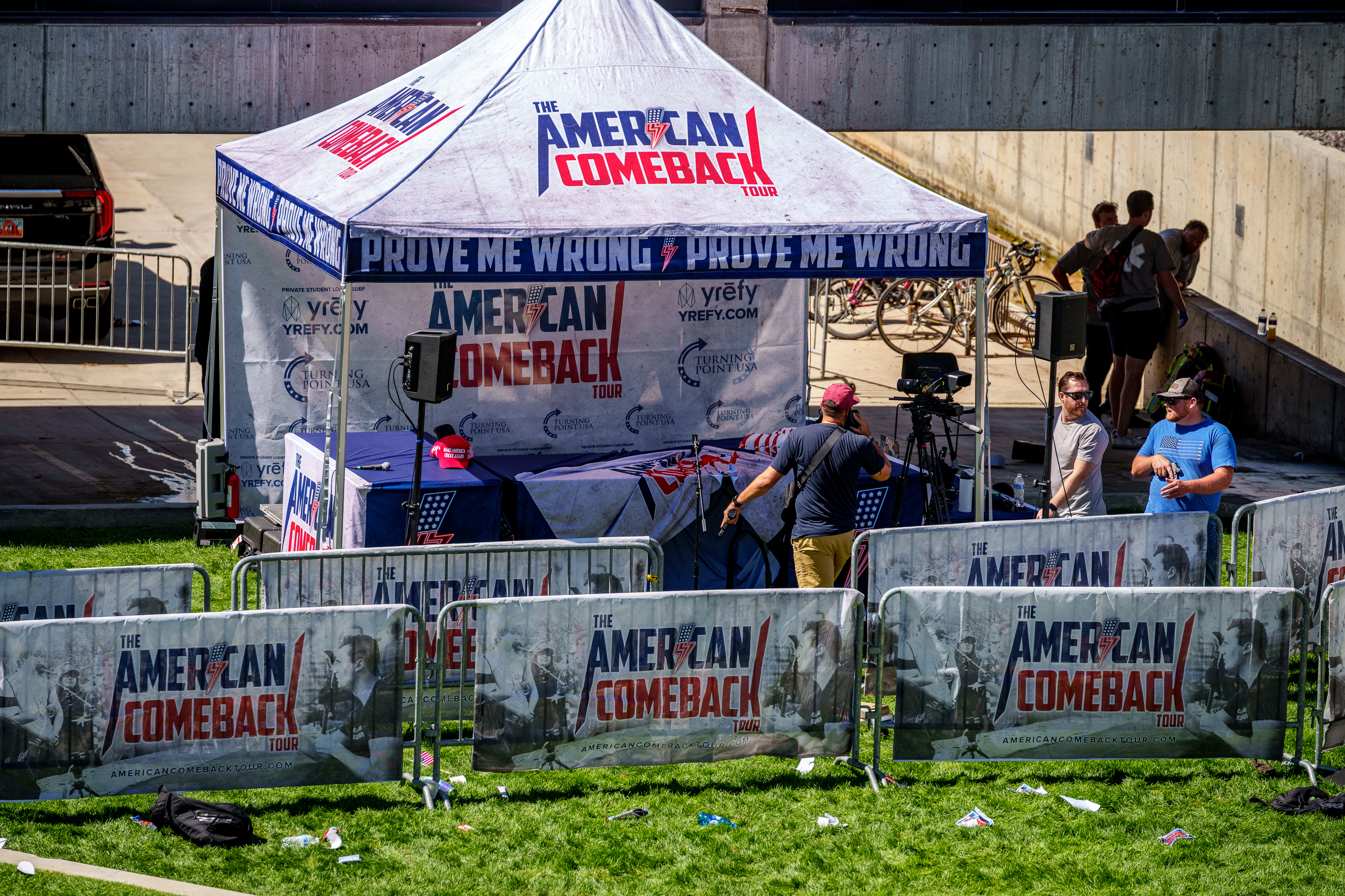 The scene after shots were fired at an appearance by Charlie Kirk at Utah Valley University on September 10, 2025, in Orem, Utah. | Source: Getty Images