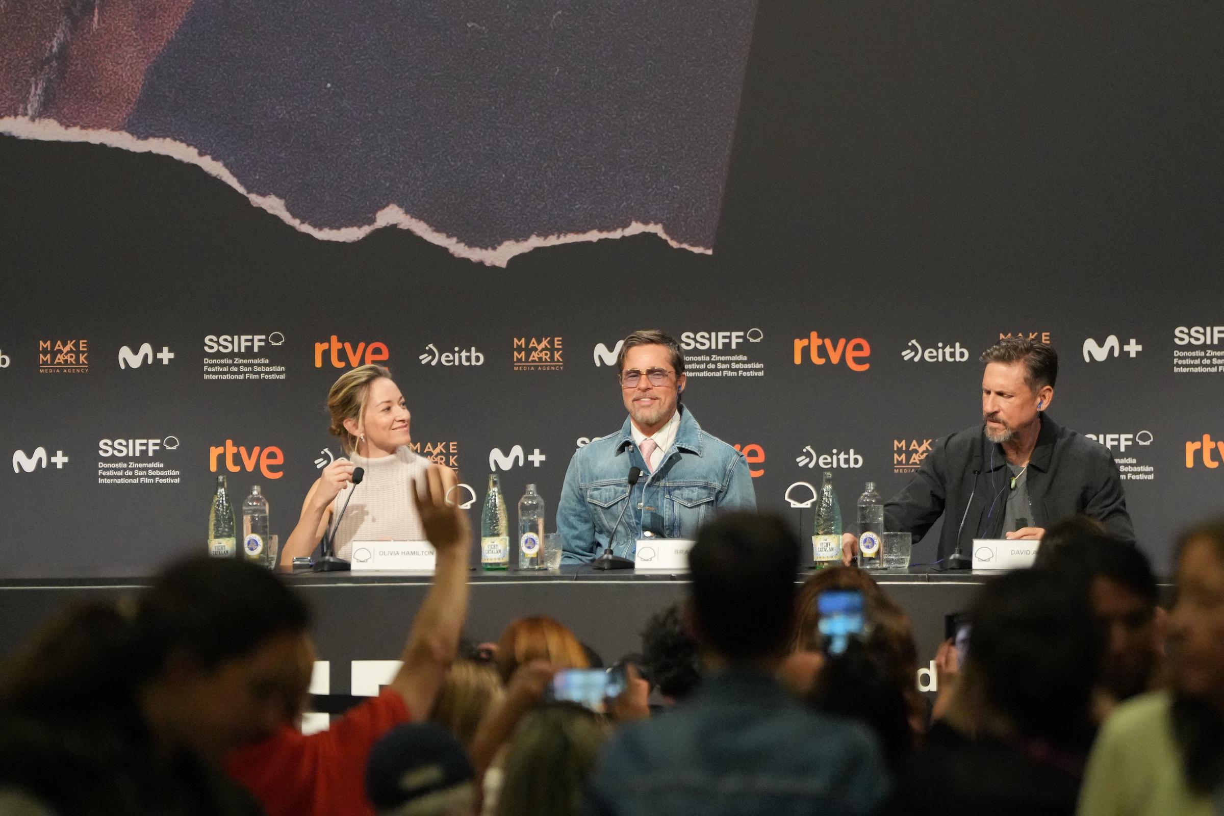 (L-R) Producer Olivia Hamilton, actor Brad Pitt, and director David Ayer hold a press conference during the presentation of the film "Heart of the Beast" at the San Sebastian Film Festival, at the Kursaal Conference Centre, on September 23, 2026 in San Sebastian, Spain. | Source: Getty Images