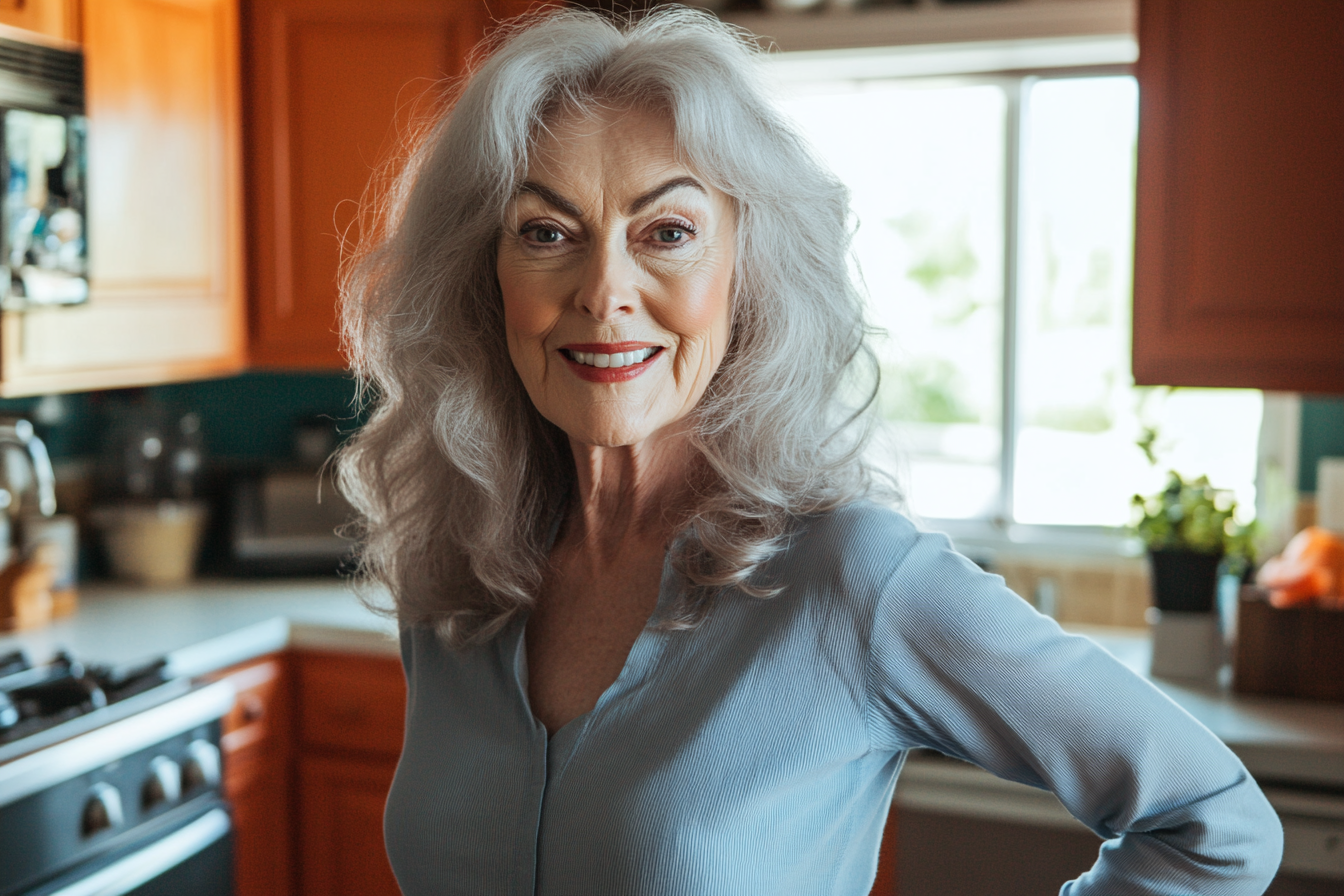 A woman in a kitchen smiling proudly | Source: Midjourney