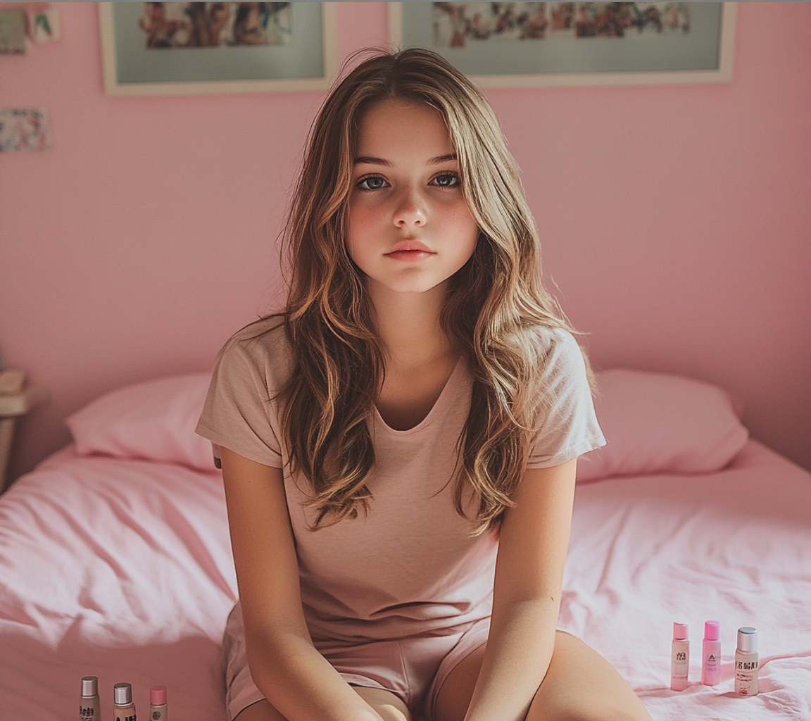 A girl sitting on her bed | Source: Midjourney